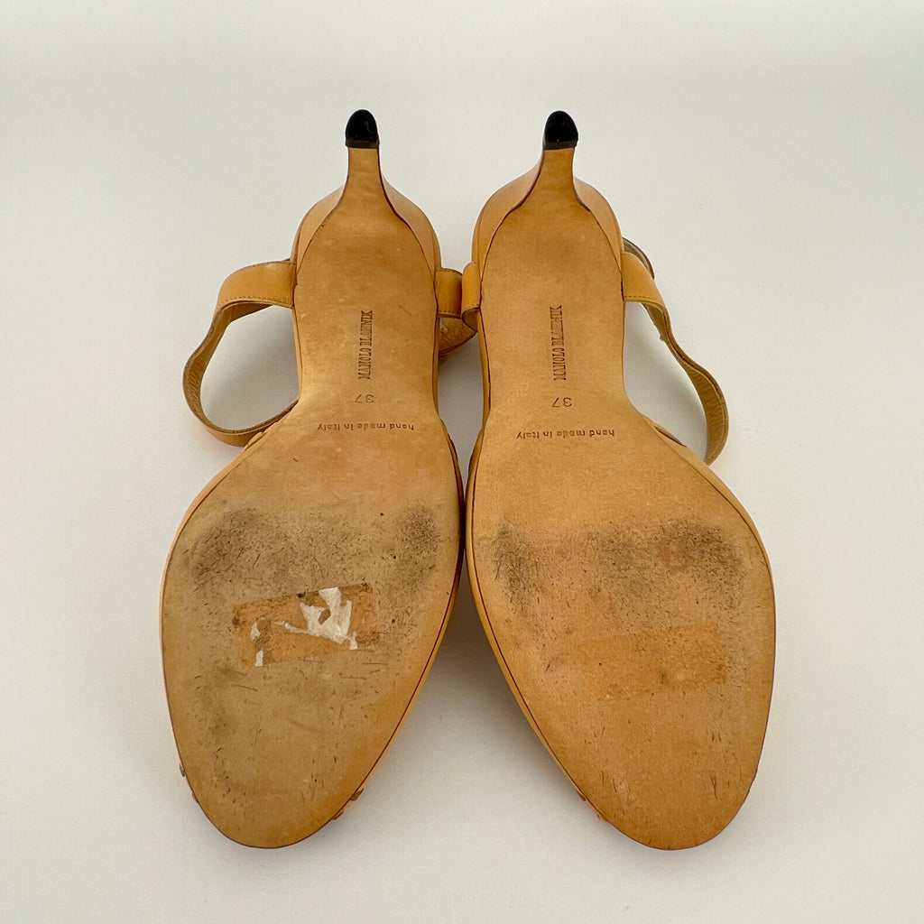 Manolo Blahnik | Tan Camel Leather Top Stitch Peep Toe Ankle Strap Heels (37)
