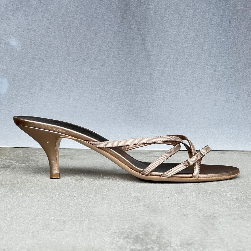 Ferragamo | Silver Ribbon Bow Strappy Slide Mules (7, 37)