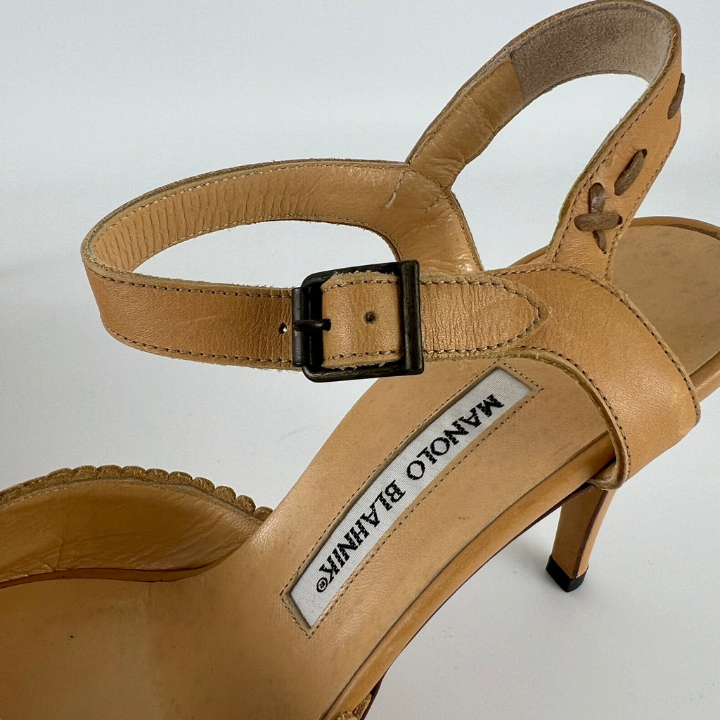 Manolo Blahnik | Tan Camel Leather Top Stitch Peep Toe Ankle Strap Heels (37)