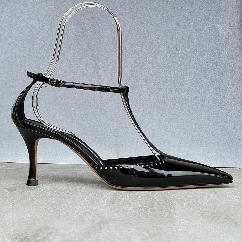 Manolo Blahnik | Black Patent Leather T-Strap Pointed Toe Pump (39)