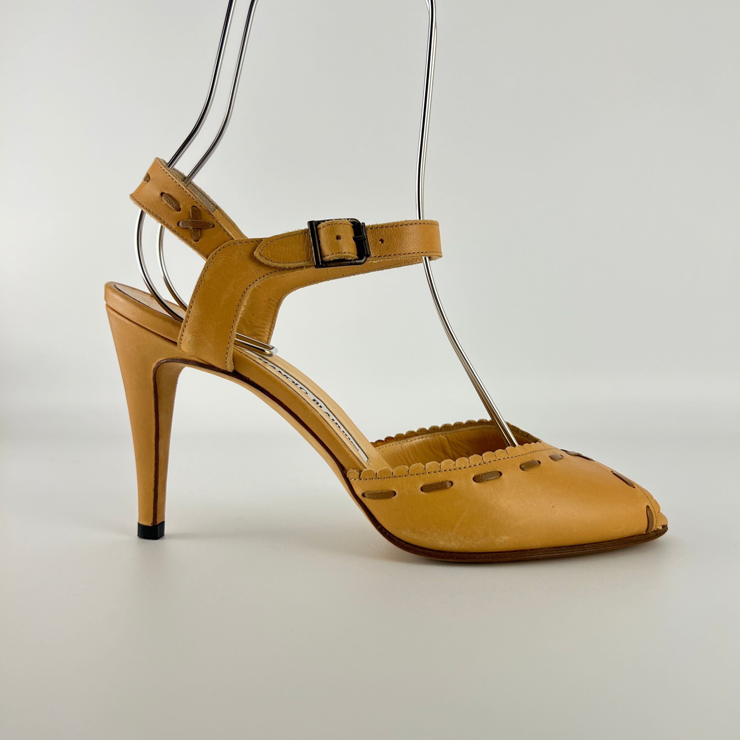 Manolo Blahnik | Tan Camel Leather Top Stitch Peep Toe Ankle Strap Heels (37)