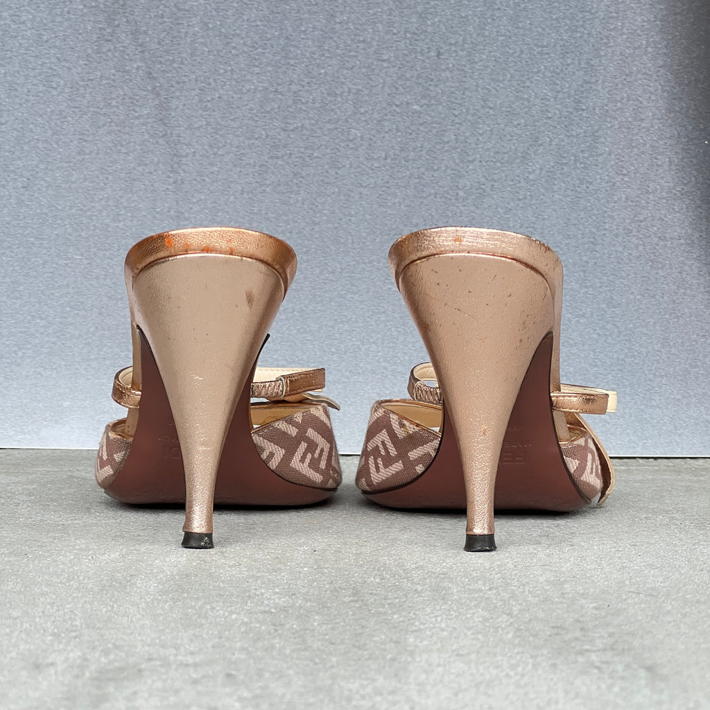 Fendi | Vintage Metallic Rose Gold Zucca Bow Slide Mules Rare (36)