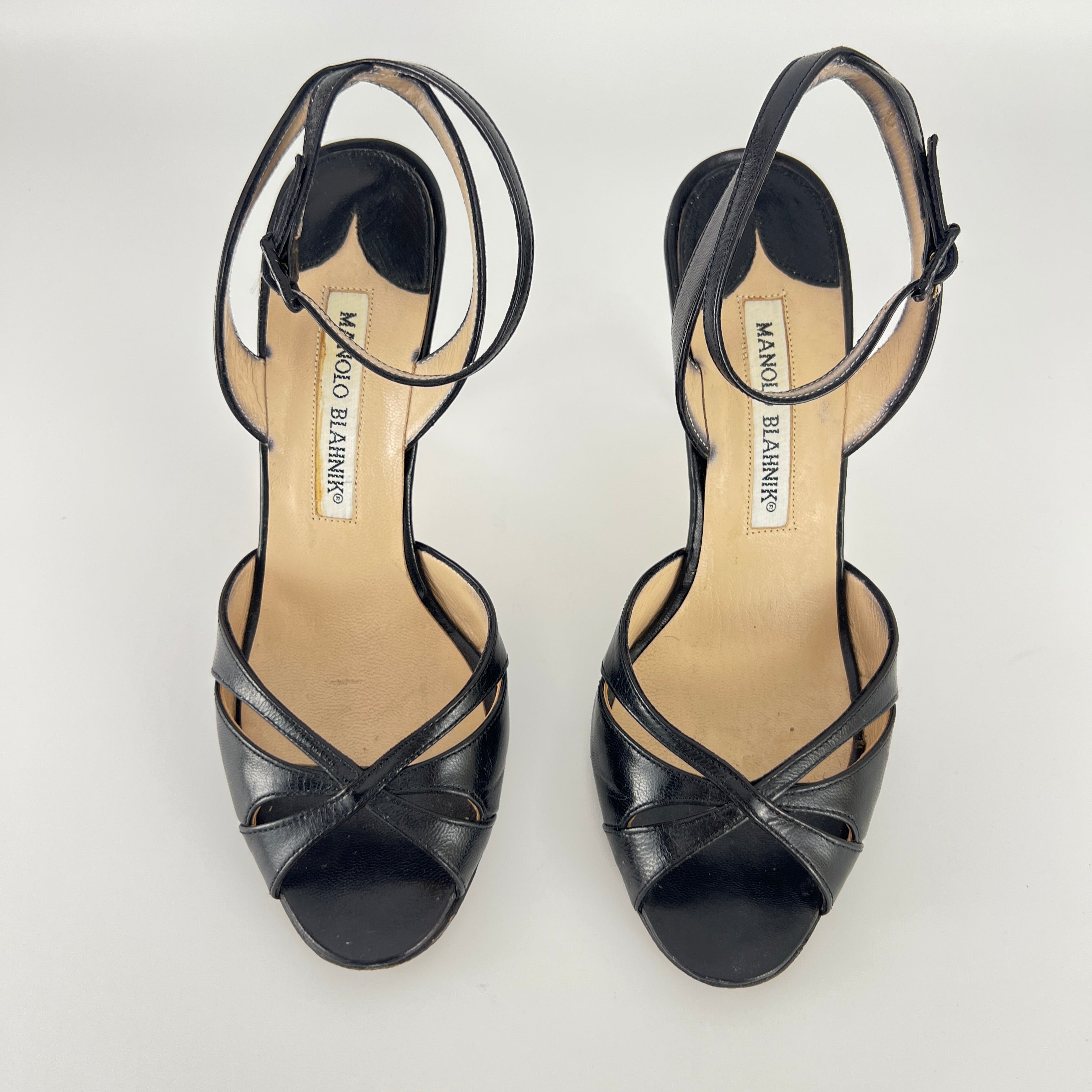 Manolo Blahnik | Black Leather Cut-Out Ankle Strap Sandal Heels (35)