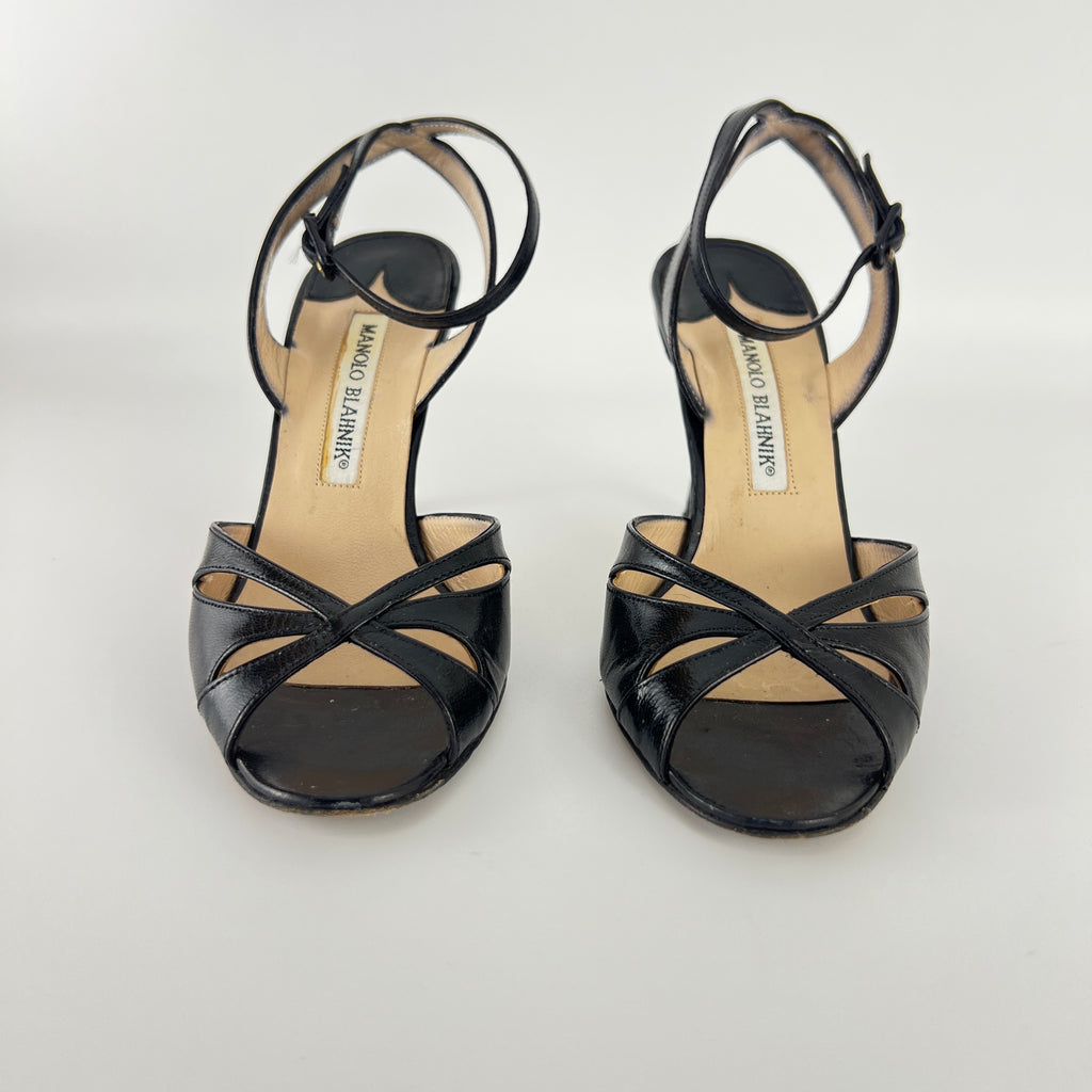 Manolo Blahnik | Black Leather Cut-Out Ankle Strap Sandal Heels (35)