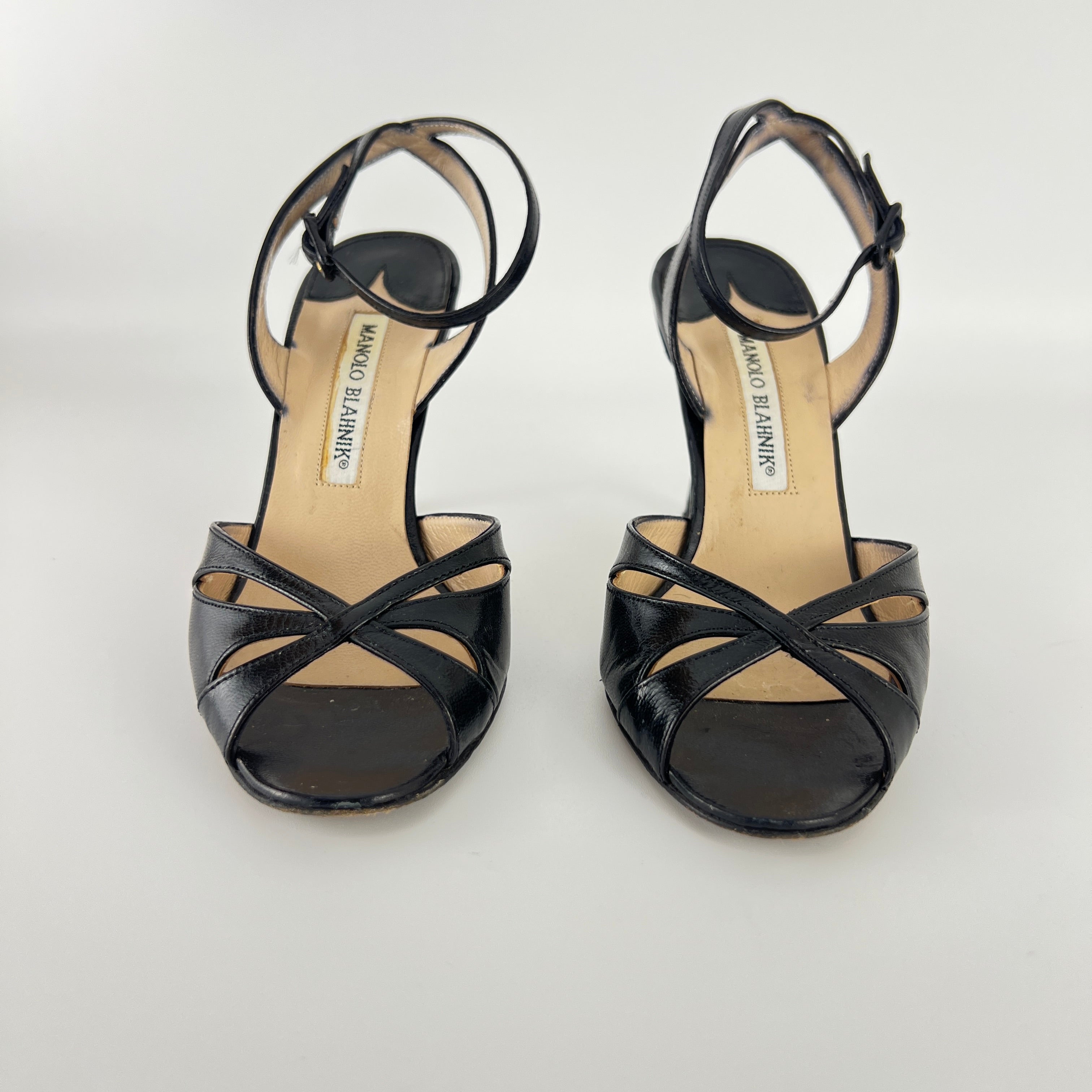 Manolo Blahnik | Black Leather Cut-Out Ankle Strap Sandal Heels (35)