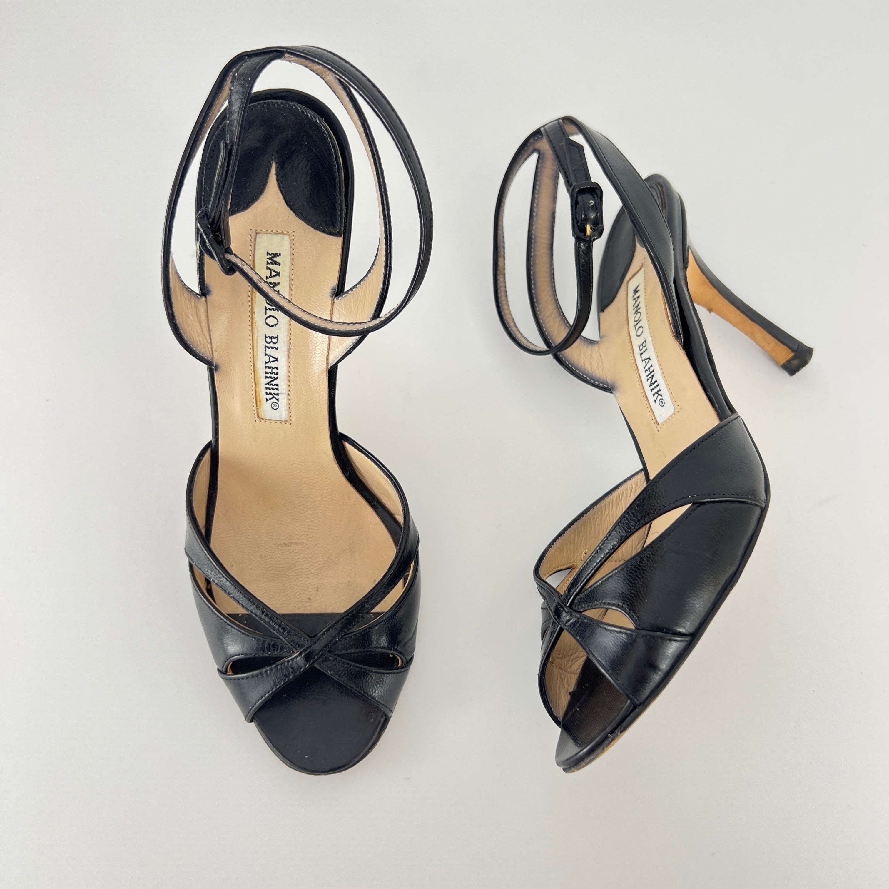 Manolo Blahnik | Black Leather Cut-Out Ankle Strap Sandal Heels (35)