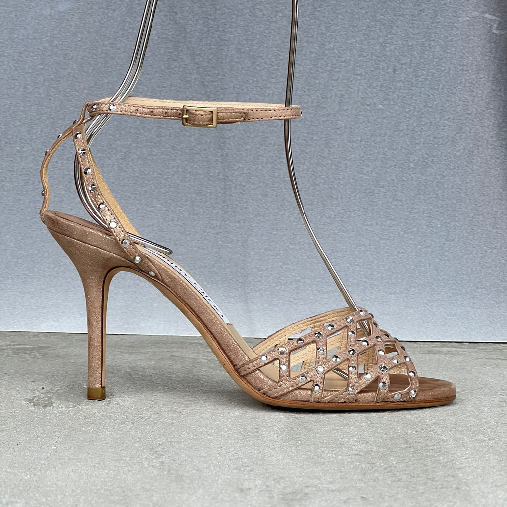 Jimmy Choo | Metallic Bronze Leather Rhinestone Cage Ankle Wrap Heels (35.5)