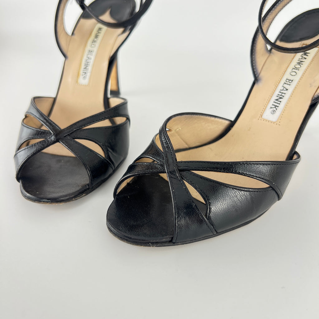 Manolo Blahnik | Black Leather Cut-Out Ankle Strap Sandal Heels (35)