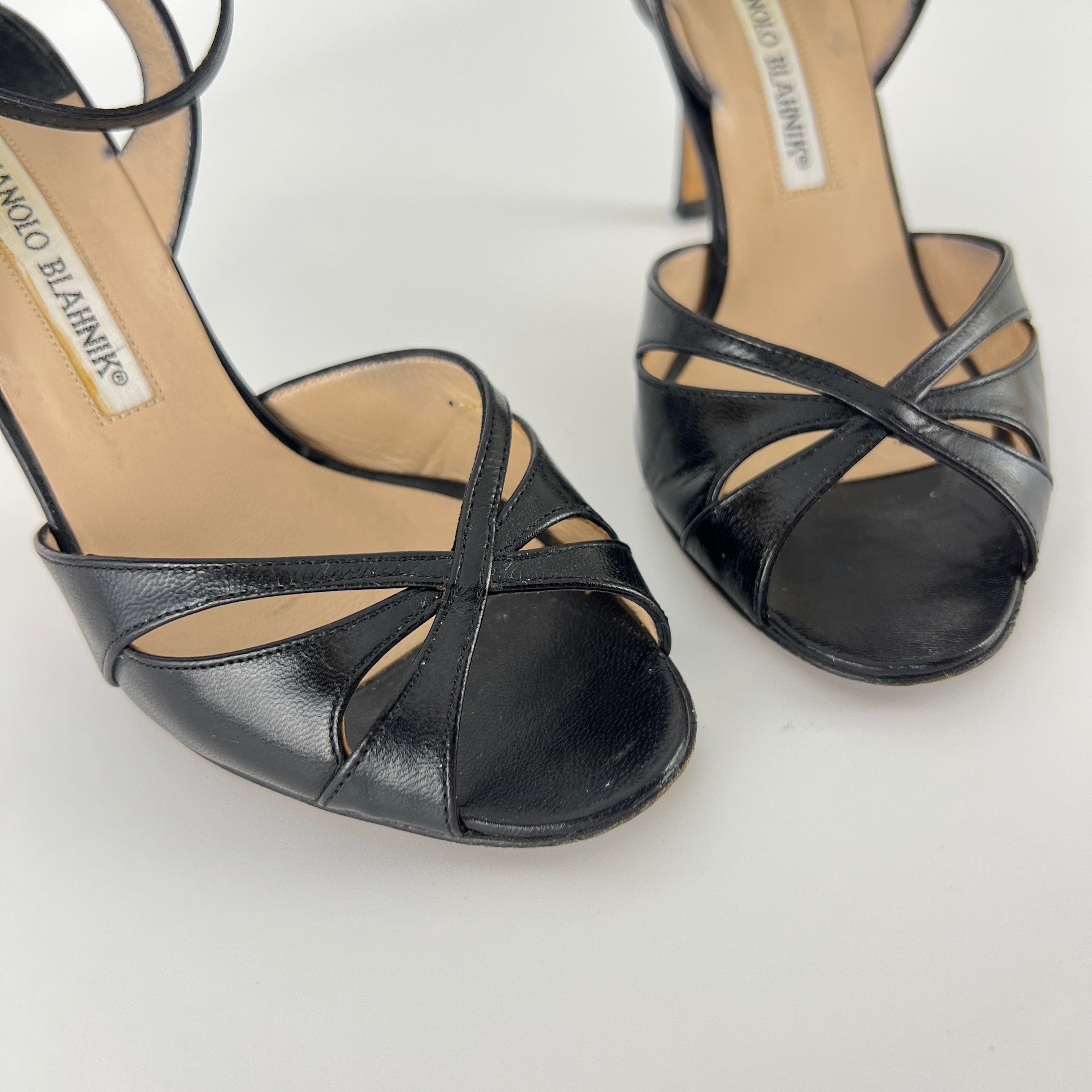 Manolo Blahnik | Black Leather Cut-Out Ankle Strap Sandal Heels (35)