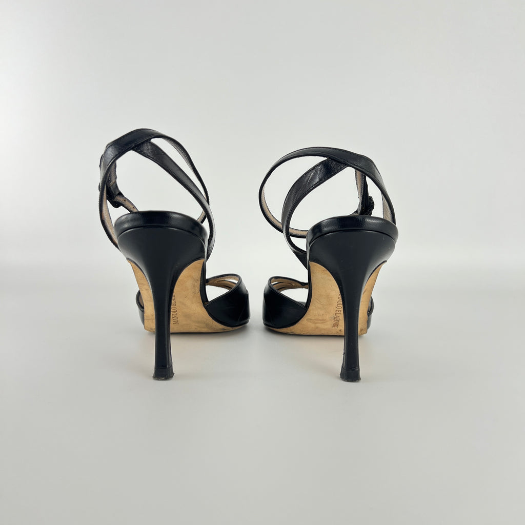 Manolo Blahnik | Black Leather Cut-Out Ankle Strap Sandal Heels (35)