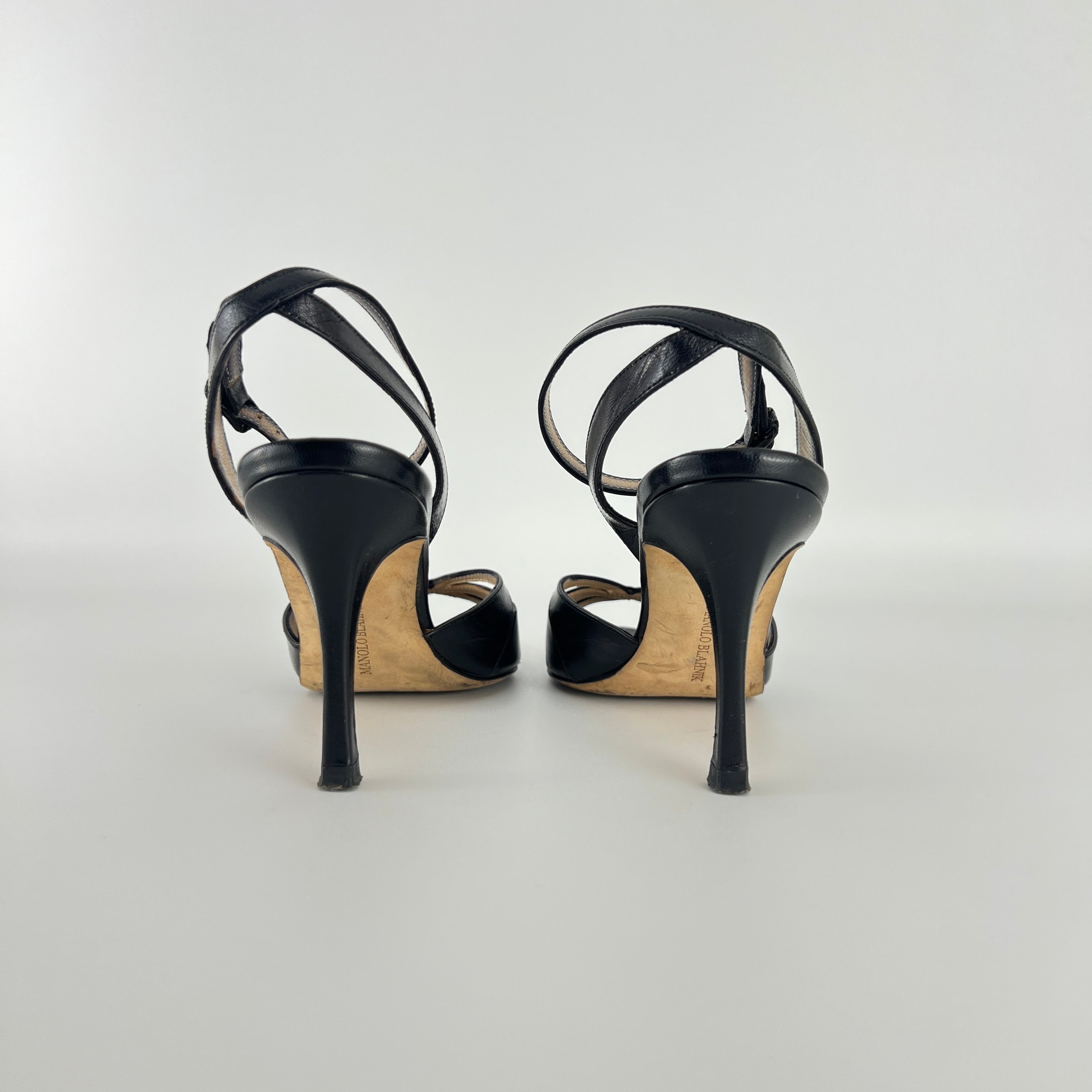 Manolo Blahnik | Black Leather Cut-Out Ankle Strap Sandal Heels (35)