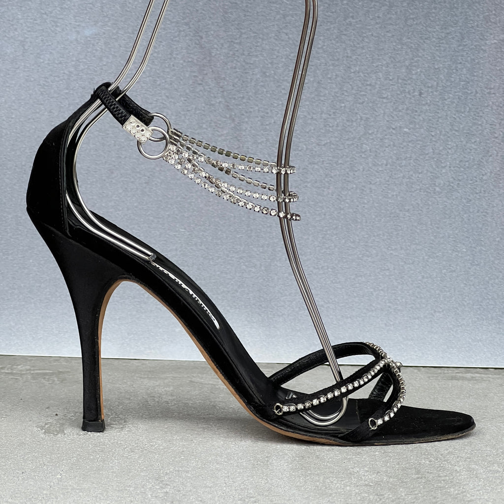 Manolo Blahnik | Black Satin Crystal Ankle Chain Stiletto Heels Rare (38)