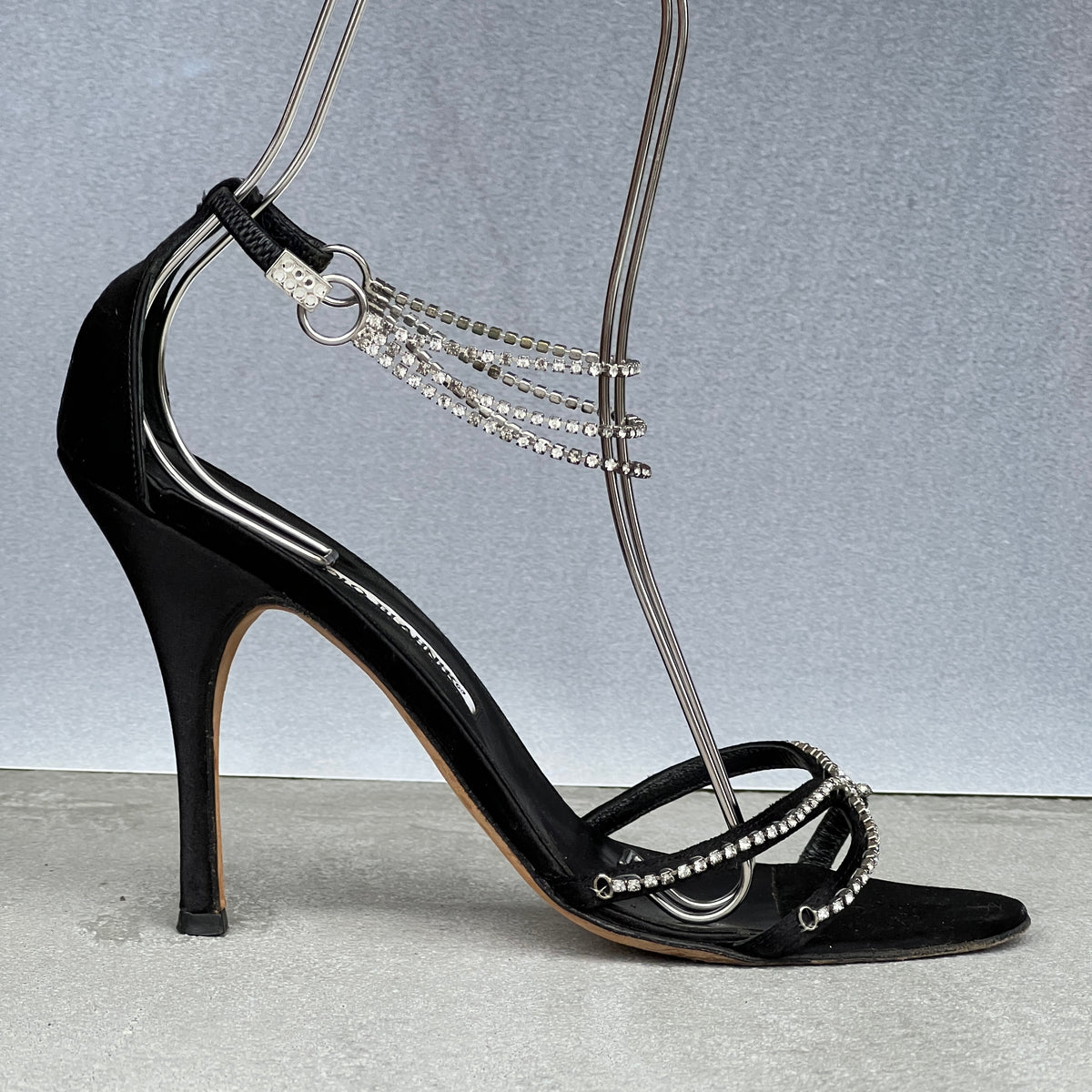 Manolo Blahnik | Black Satin Crystal Ankle Chain Stiletto Heels Rare (38)