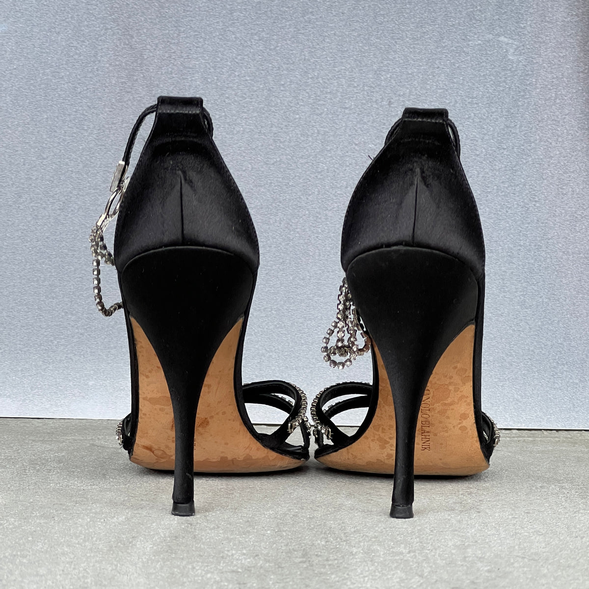 Manolo Blahnik | Black Satin Crystal Ankle Chain Stiletto Heels Rare (38)