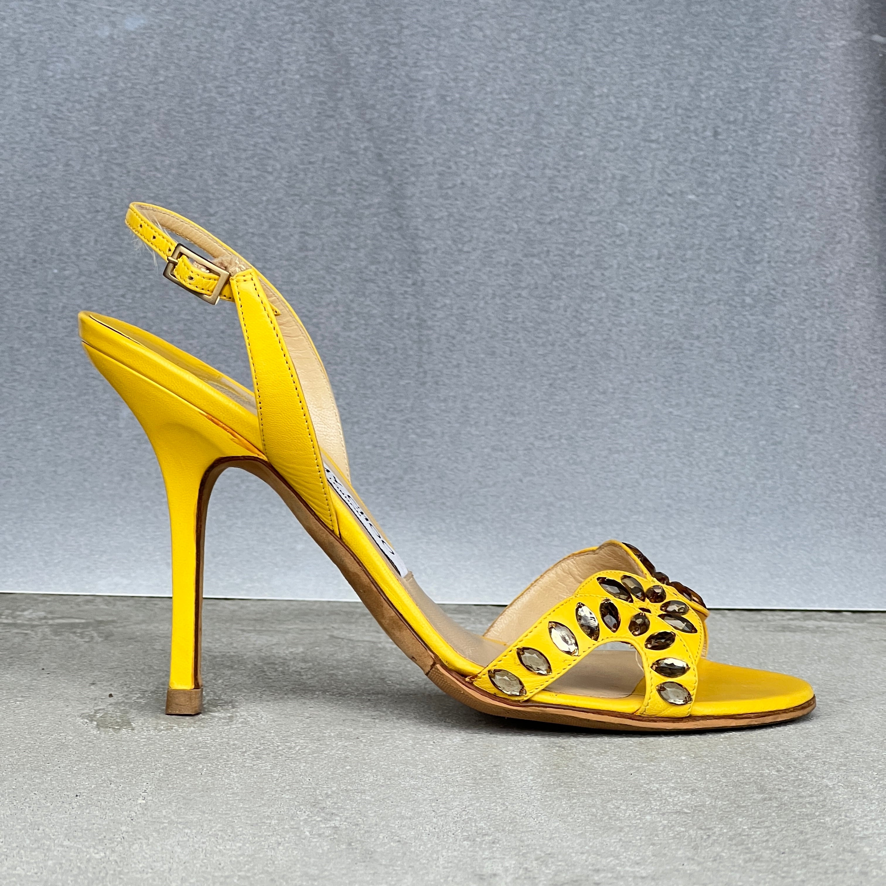 Jimmy Choo | Yellow Leather Gem Studded Slingback Stiletto Heels (37.5)