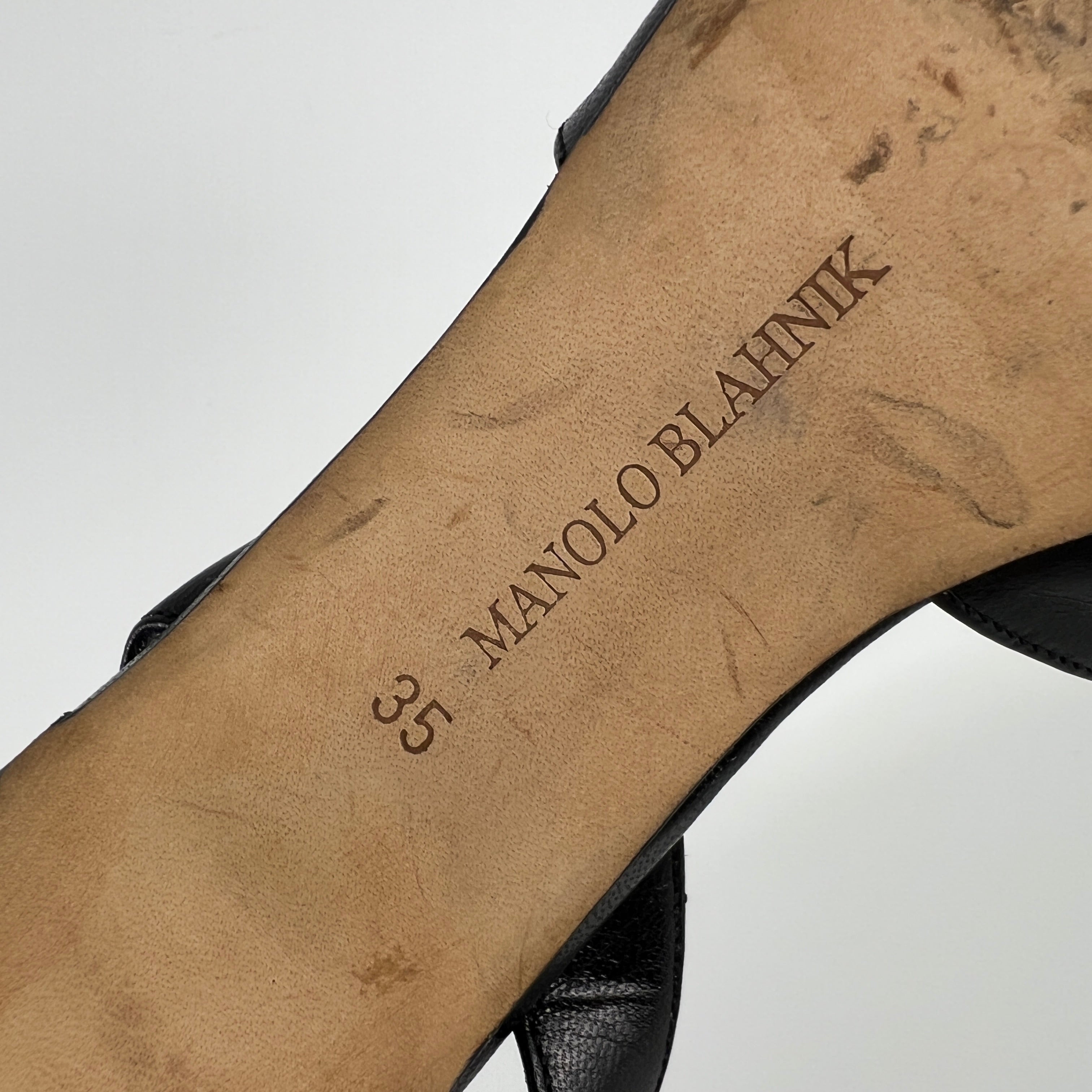Manolo Blahnik | Black Leather Cut-Out Ankle Strap Sandal Heels (35)