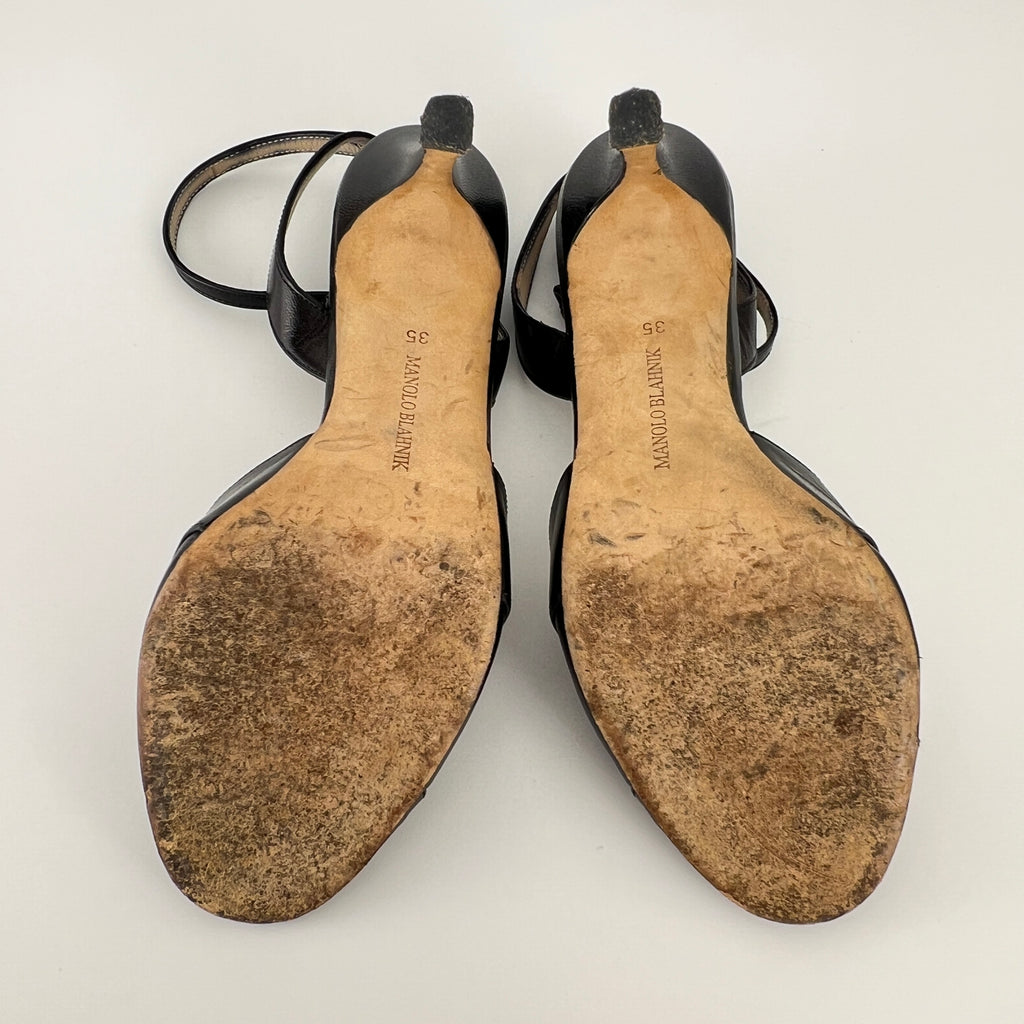 Manolo Blahnik | Black Leather Cut-Out Ankle Strap Sandal Heels (35)