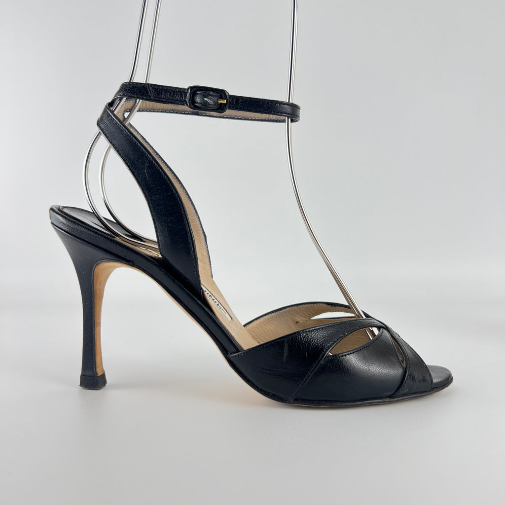 Manolo Blahnik | Black Leather Cut-Out Ankle Strap Sandal Heels (35)