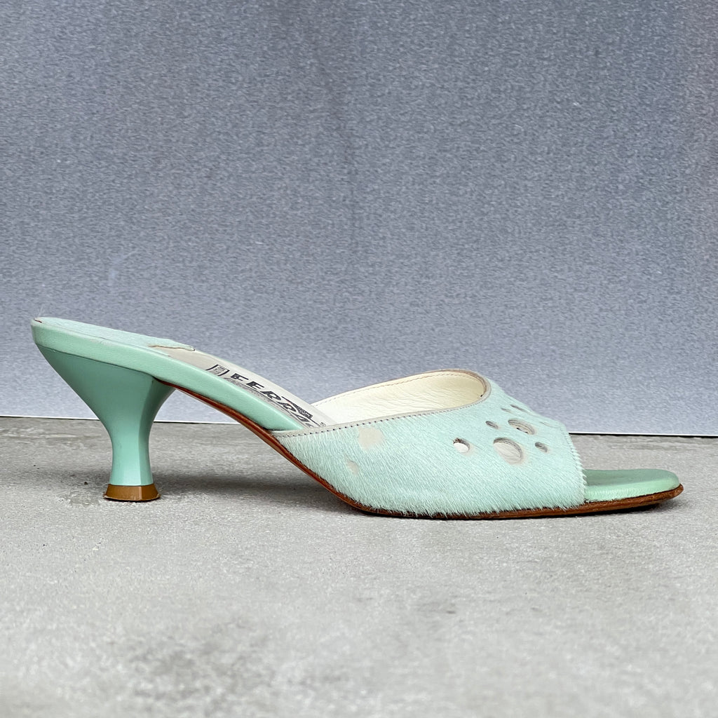 Ferragamo | Vintage Tabla Tiffany Blue Pony Hair Cut-Out Slide Mules (5 , 35)