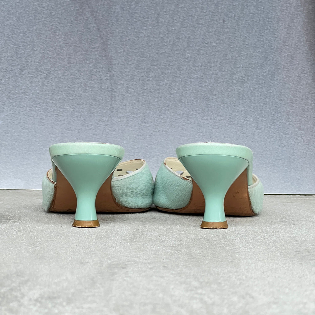 Ferragamo | Vintage Tabla Tiffany Blue Pony Hair Cut-Out Slide Mules (5 , 35)
