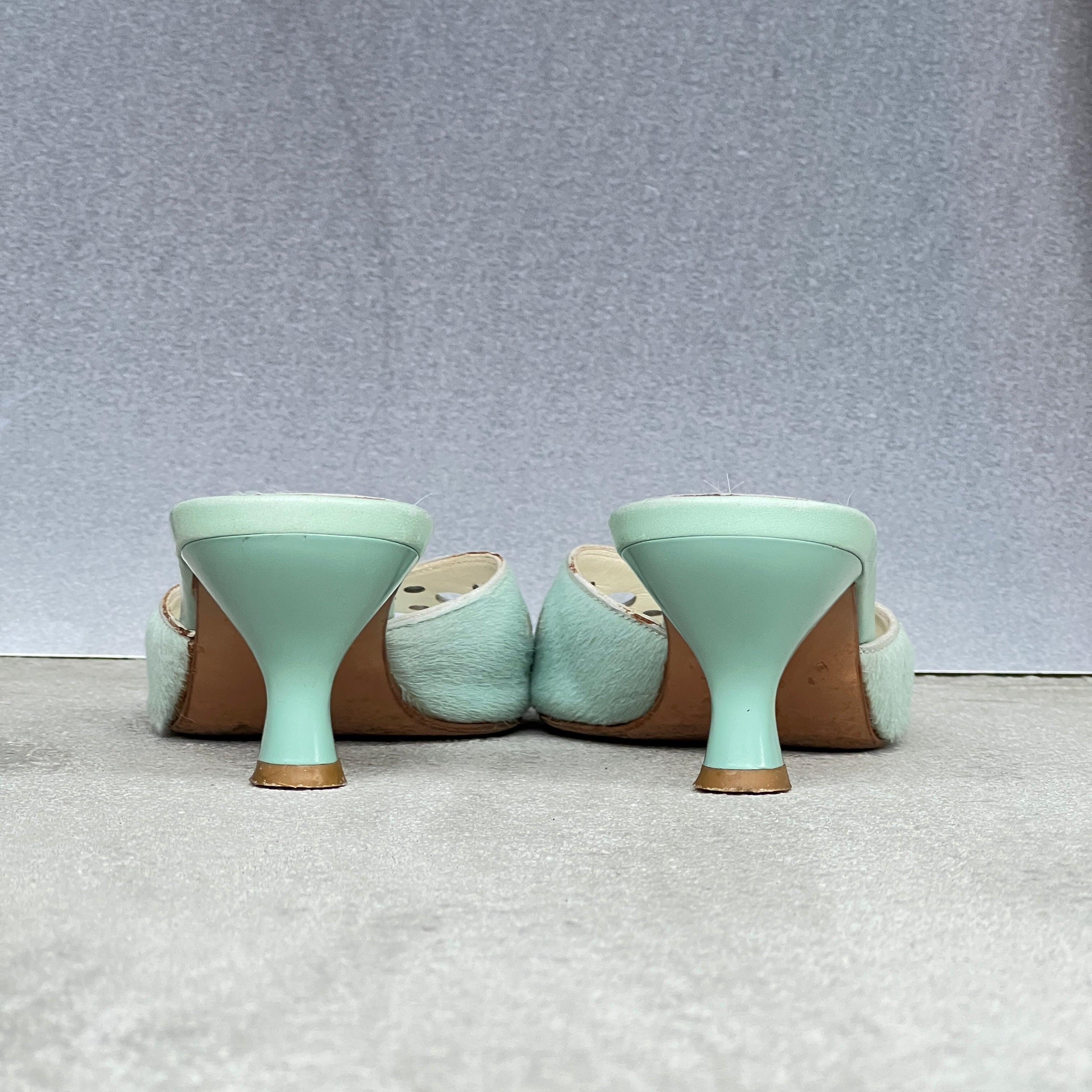 Ferragamo | Vintage Tabla Tiffany Blue Pony Hair Cut-Out Slide Mules (5 , 35)