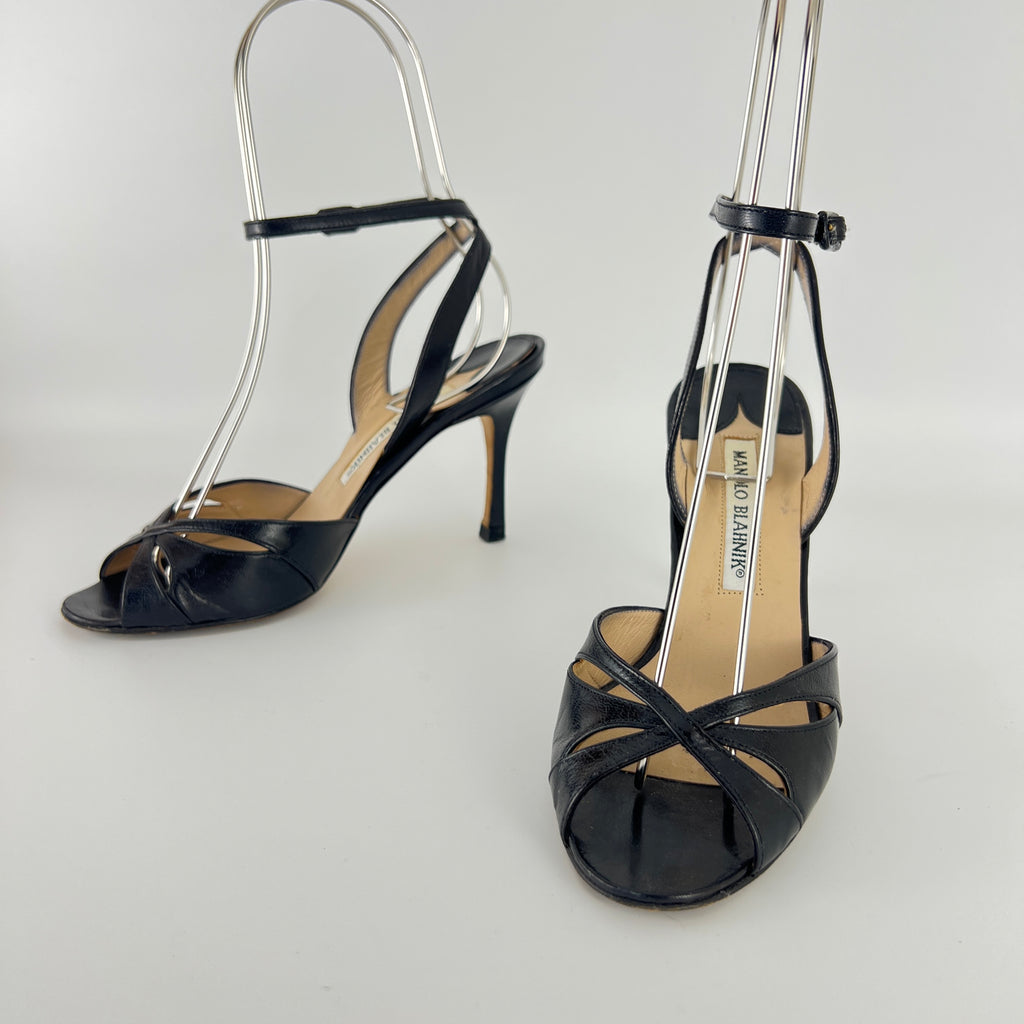 Manolo Blahnik | Black Leather Cut-Out Ankle Strap Sandal Heels (35)