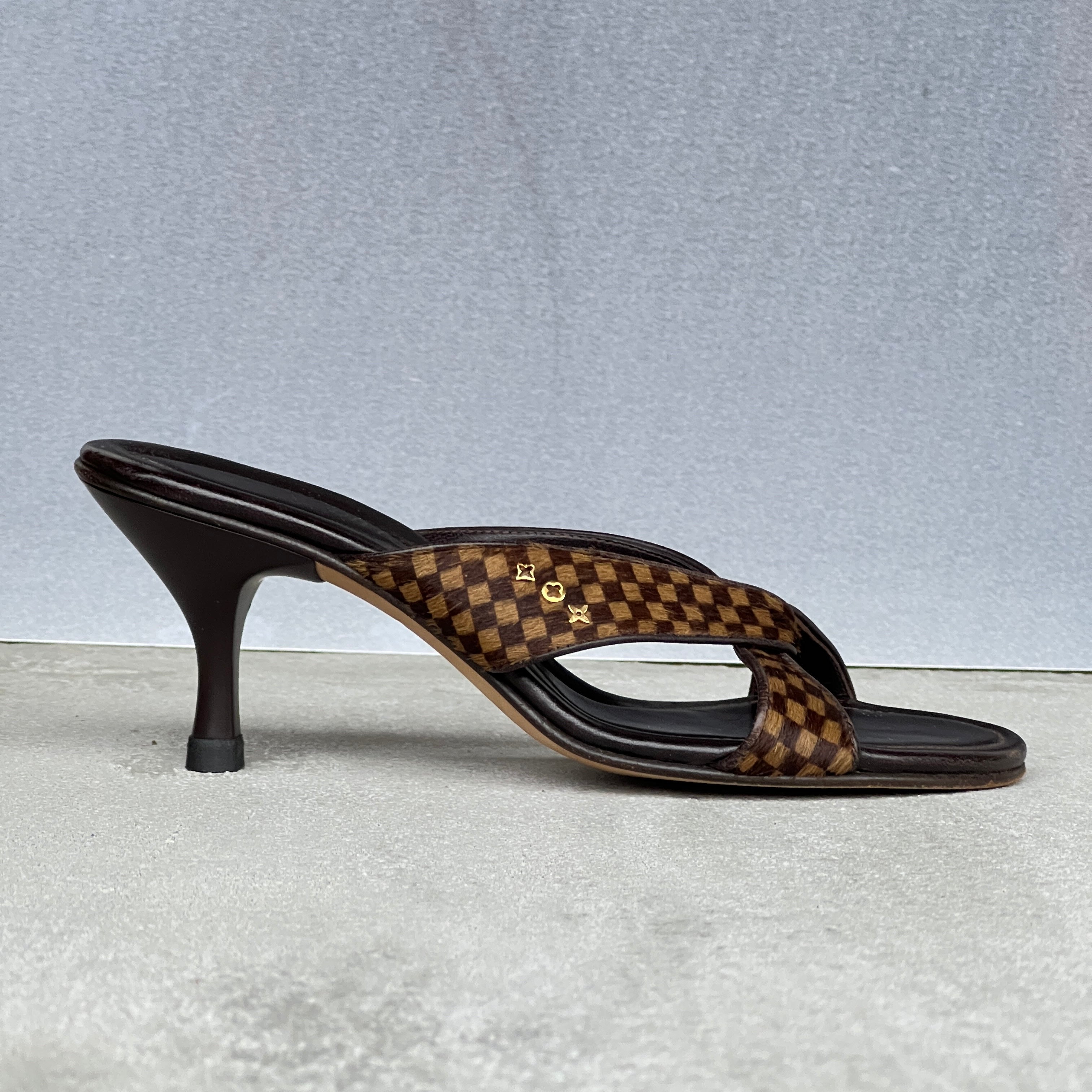 Louis Vuitton | Damier Calf Hair Knot Strap Mid Heel Slide Mules (34.5)