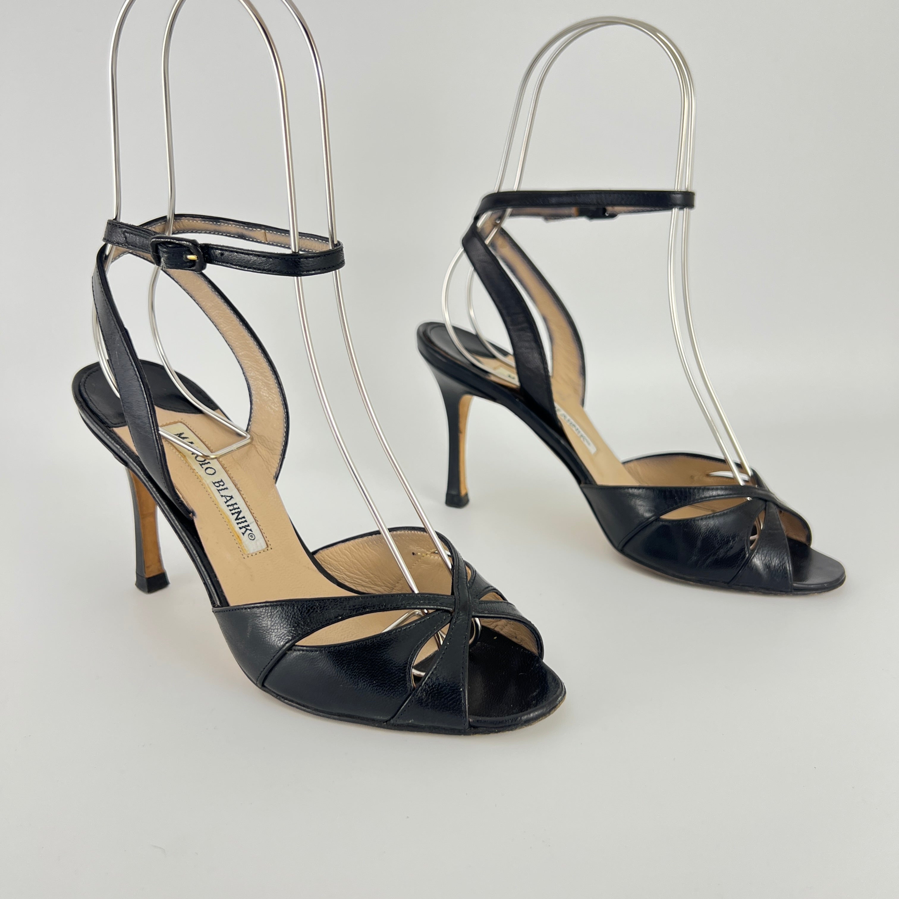 Manolo Blahnik | Black Leather Cut-Out Ankle Strap Sandal Heels (35)