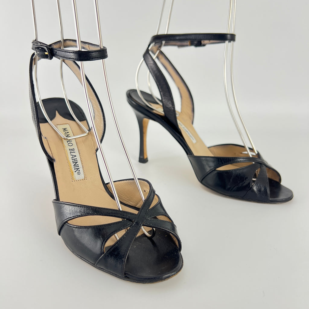Manolo Blahnik | Black Leather Cut-Out Ankle Strap Sandal Heels (35)