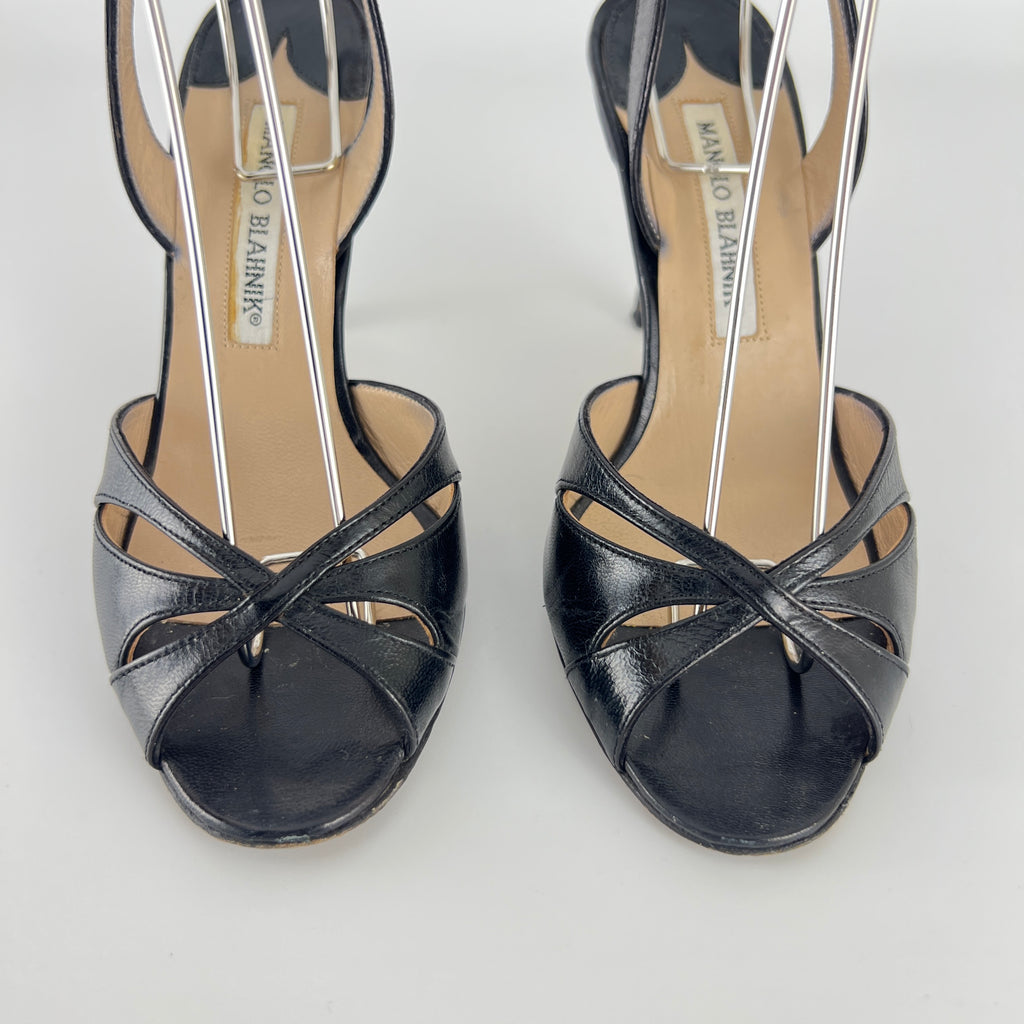 Manolo Blahnik | Black Leather Cut-Out Ankle Strap Sandal Heels (35)