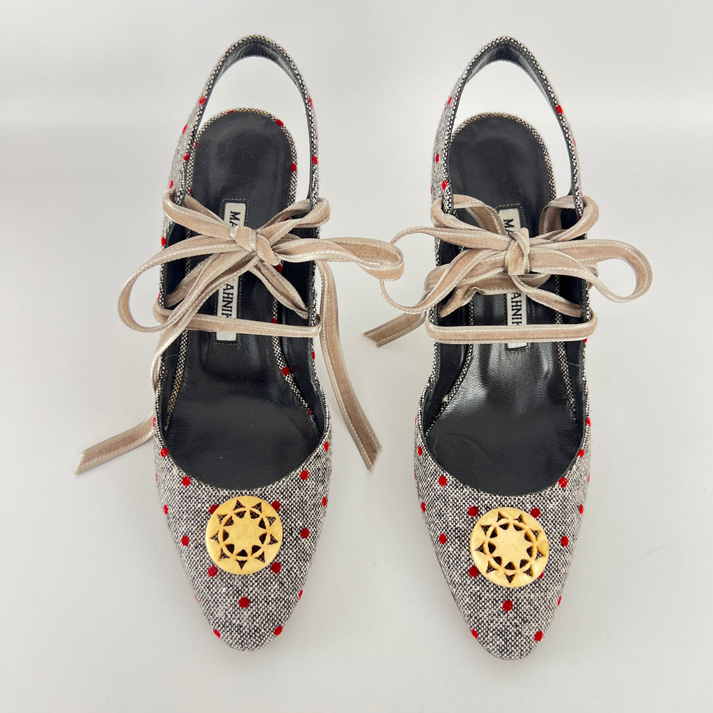 Manolo Blahnik | Gray Tweed Red Polka Dot Velvet Lace Up Slingback (36.5)