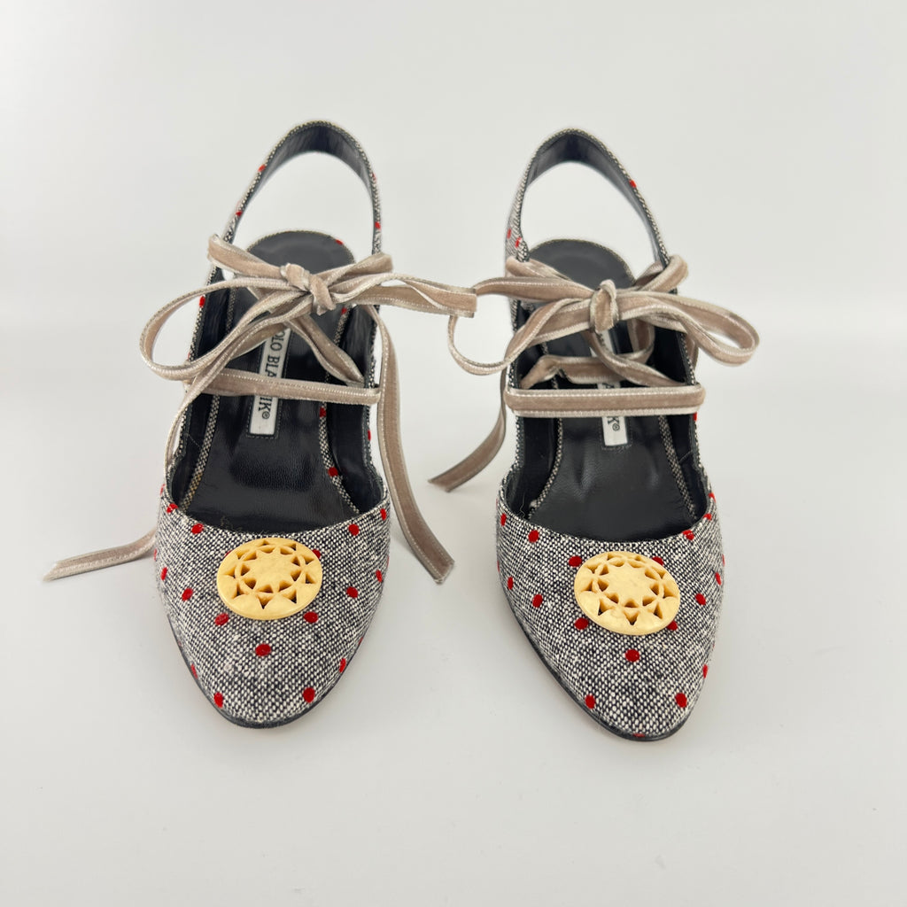 Manolo Blahnik | Gray Tweed Red Polka Dot Velvet Lace Up Slingback (36.5)