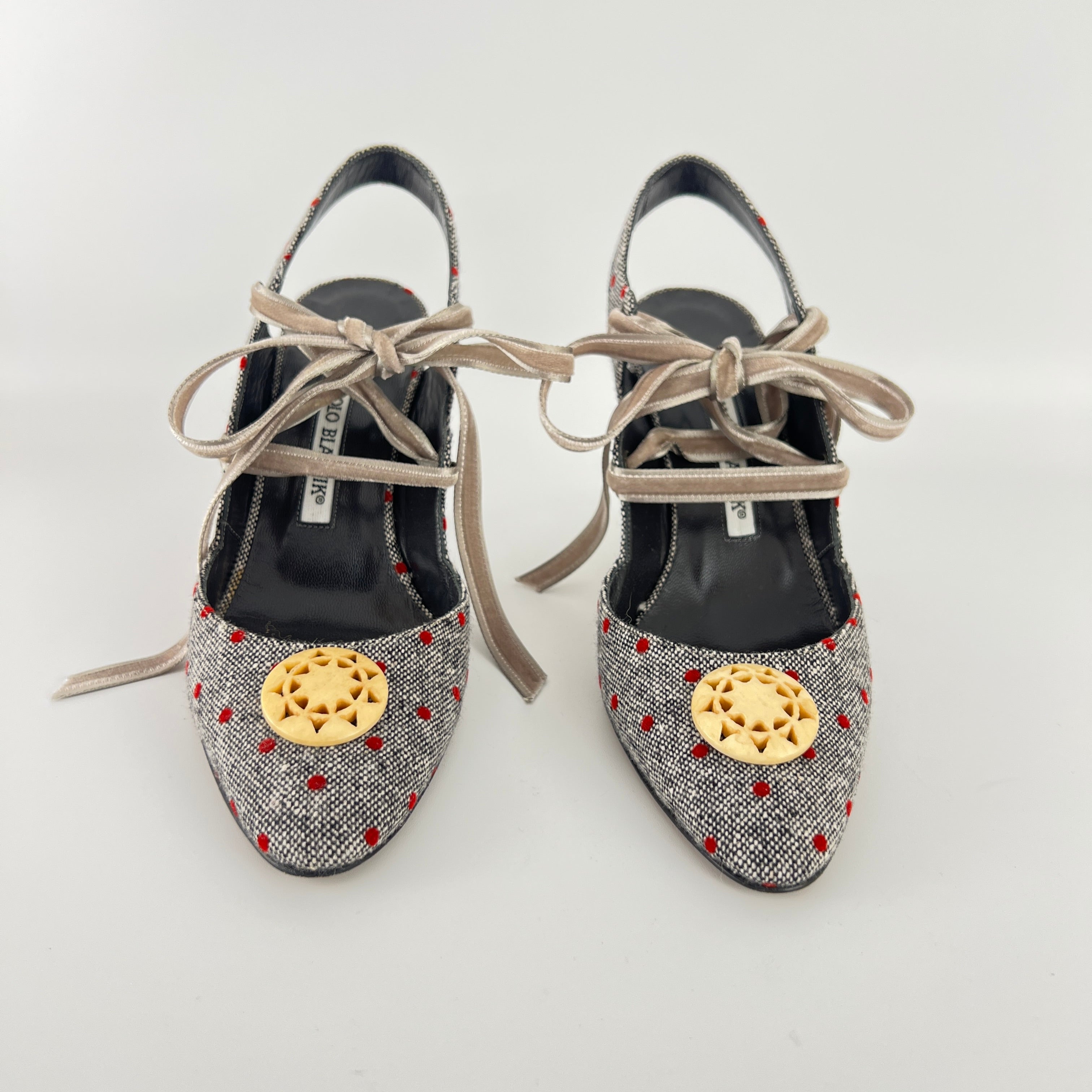 Manolo Blahnik | Gray Tweed Red Polka Dot Velvet Lace Up Slingback (36.5)