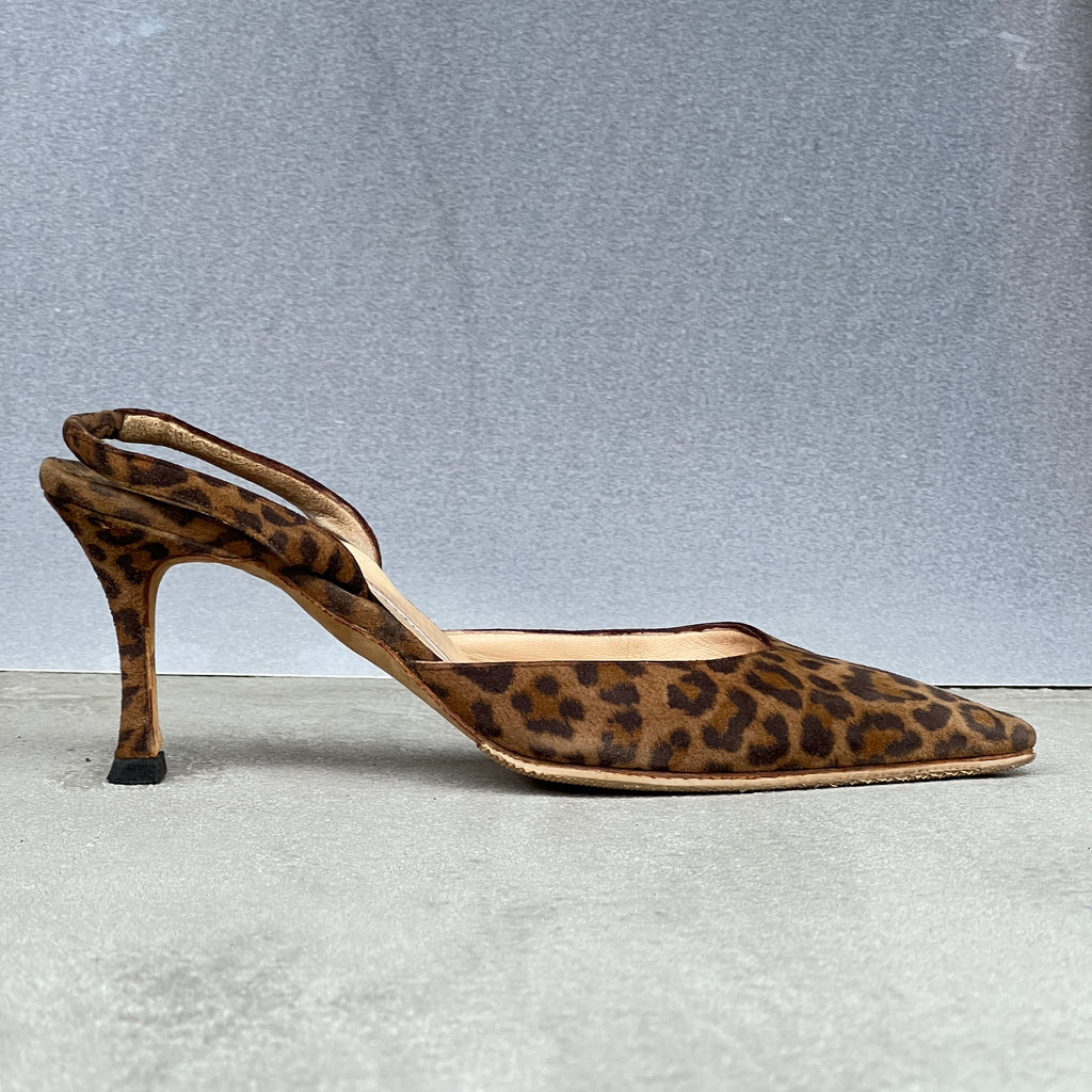 Manolo Blahnik | Carolyne Leopard Suede Leather Pointed Toe Slingback Heels (36)