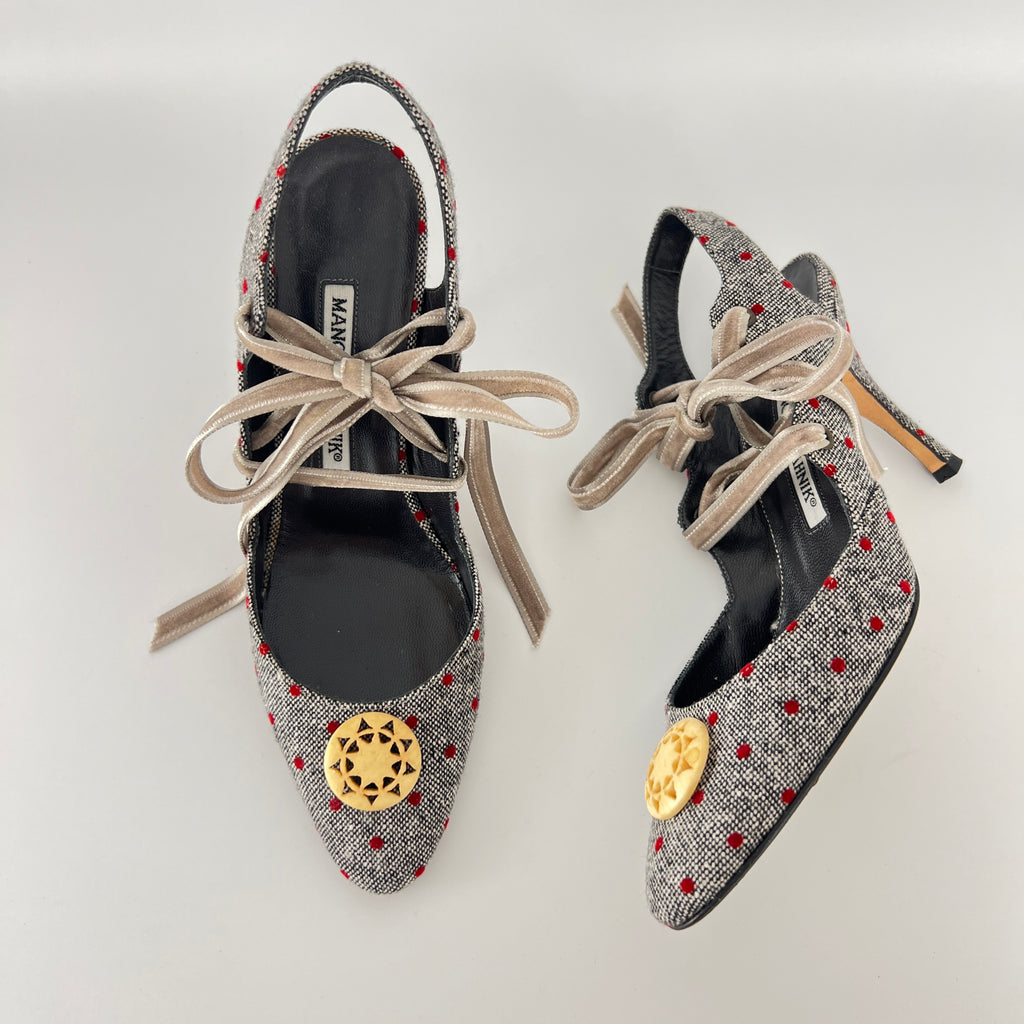Manolo Blahnik | Gray Tweed Red Polka Dot Velvet Lace Up Slingback (36.5)
