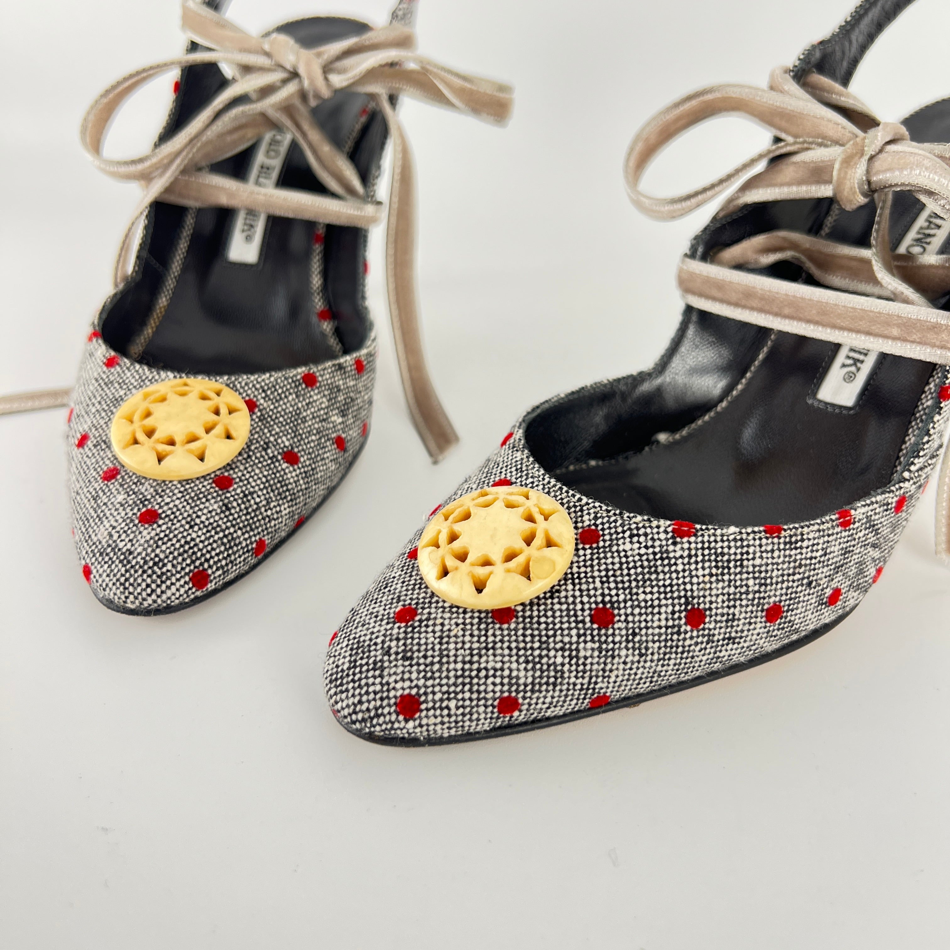 Manolo Blahnik | Gray Tweed Red Polka Dot Velvet Lace Up Slingback (36.5)