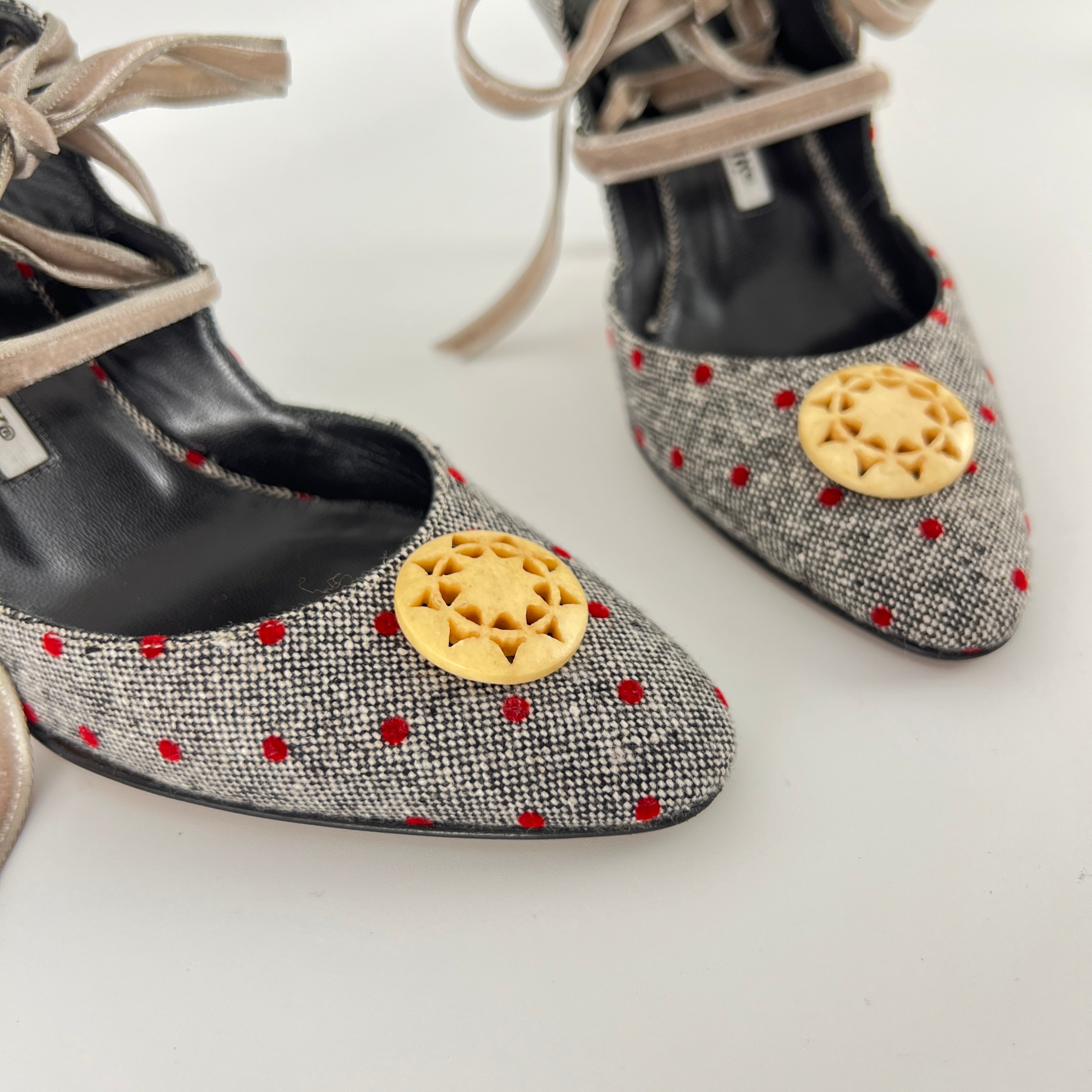 Manolo Blahnik | Gray Tweed Red Polka Dot Velvet Lace Up Slingback (36.5)