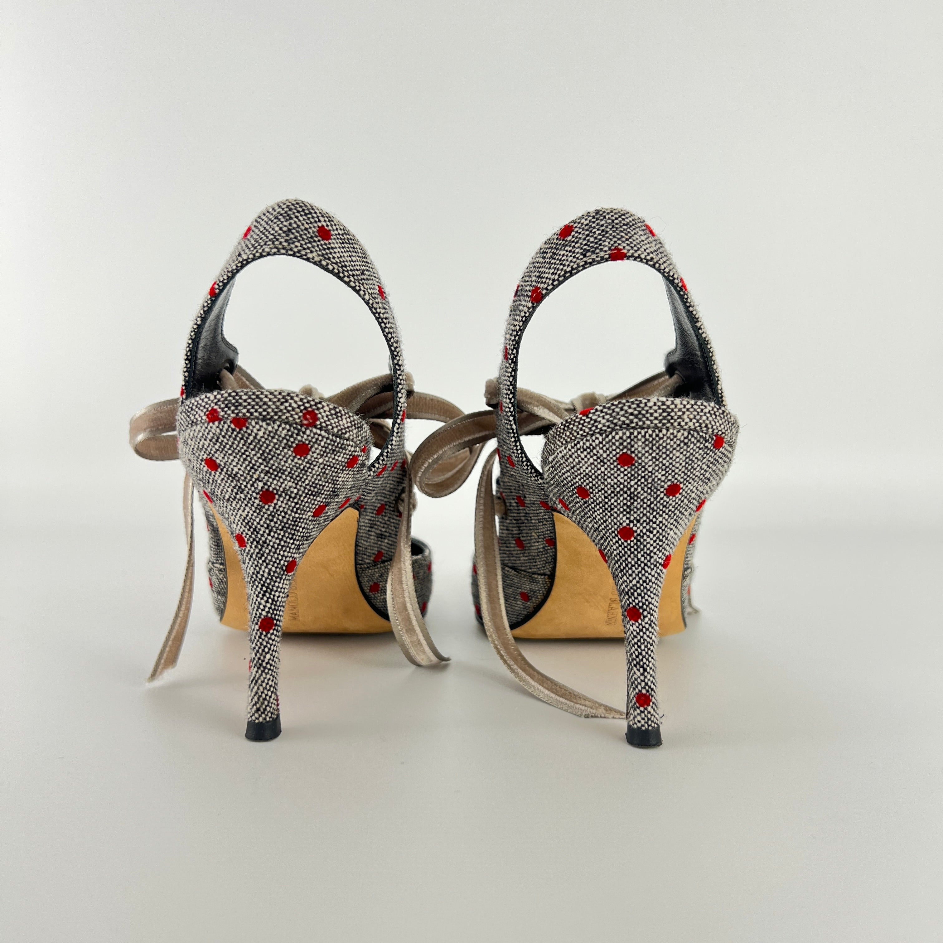 Manolo Blahnik | Gray Tweed Red Polka Dot Velvet Lace Up Slingback (36.5)