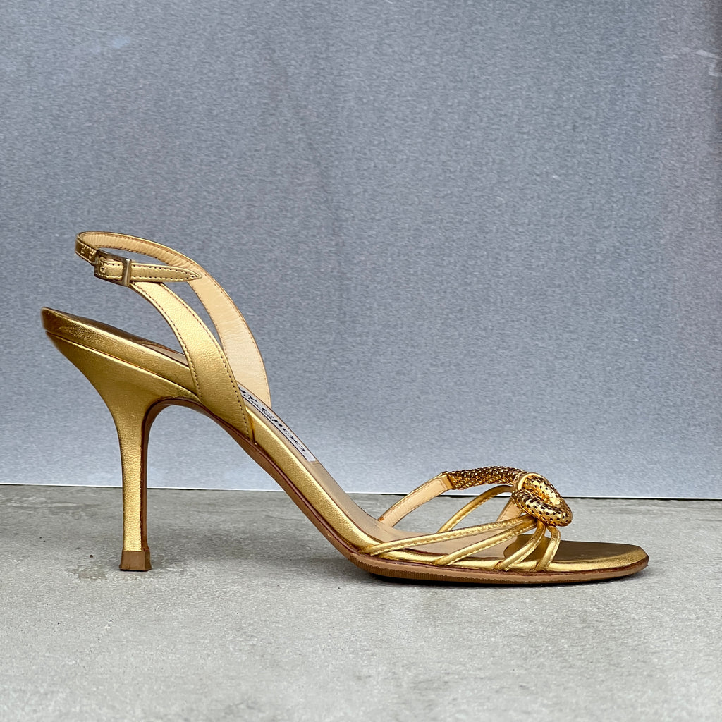 Jimmy Choo | Metallic Gold Leather Metal Knot Slingback Stiletto Heels (37.5)