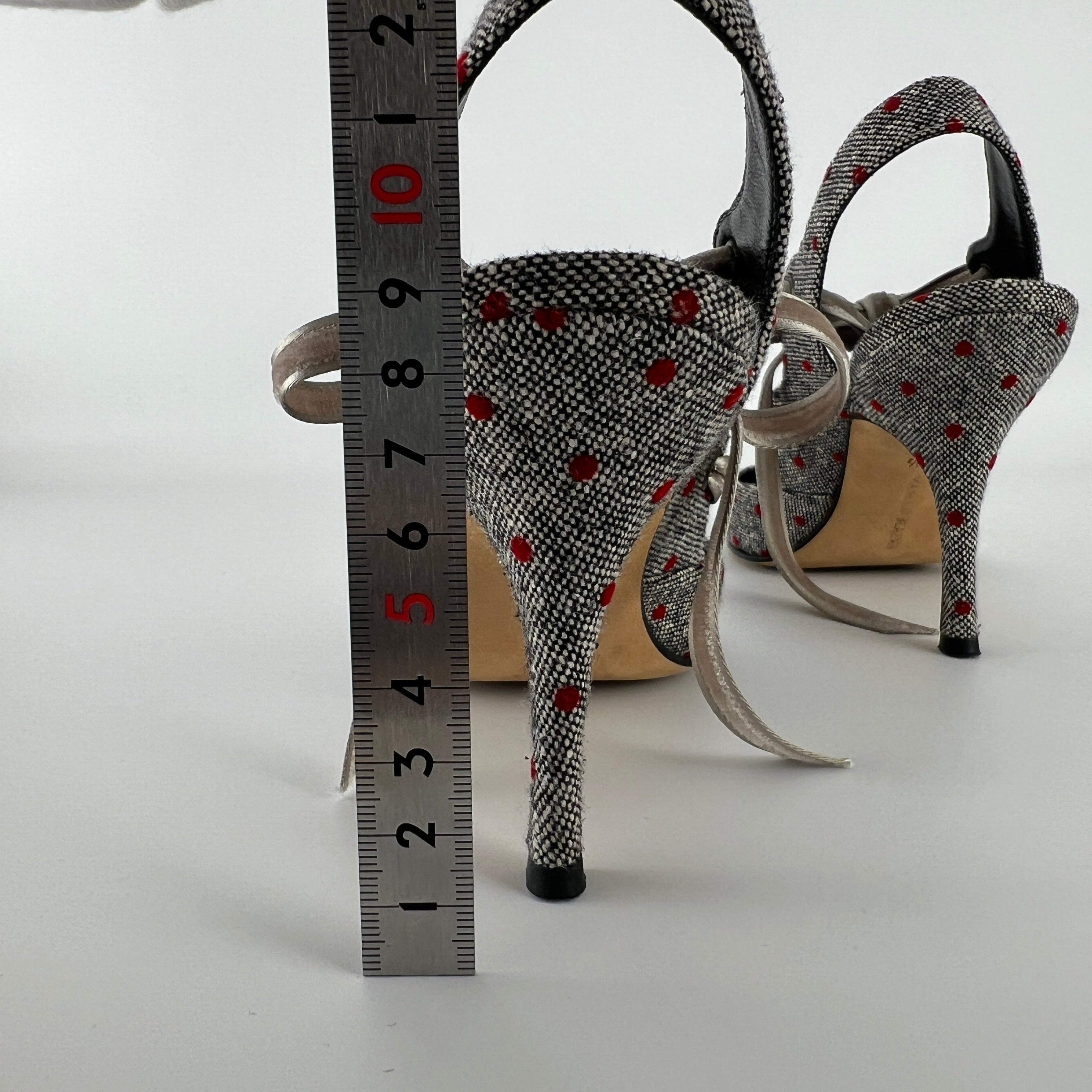 Manolo Blahnik | Gray Tweed Red Polka Dot Velvet Lace Up Slingback (36.5)