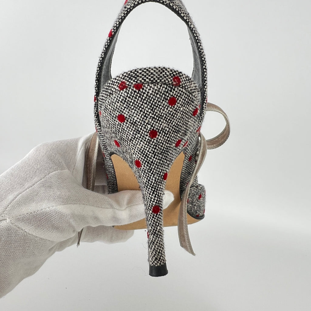 Manolo Blahnik | Gray Tweed Red Polka Dot Velvet Lace Up Slingback (36.5)
