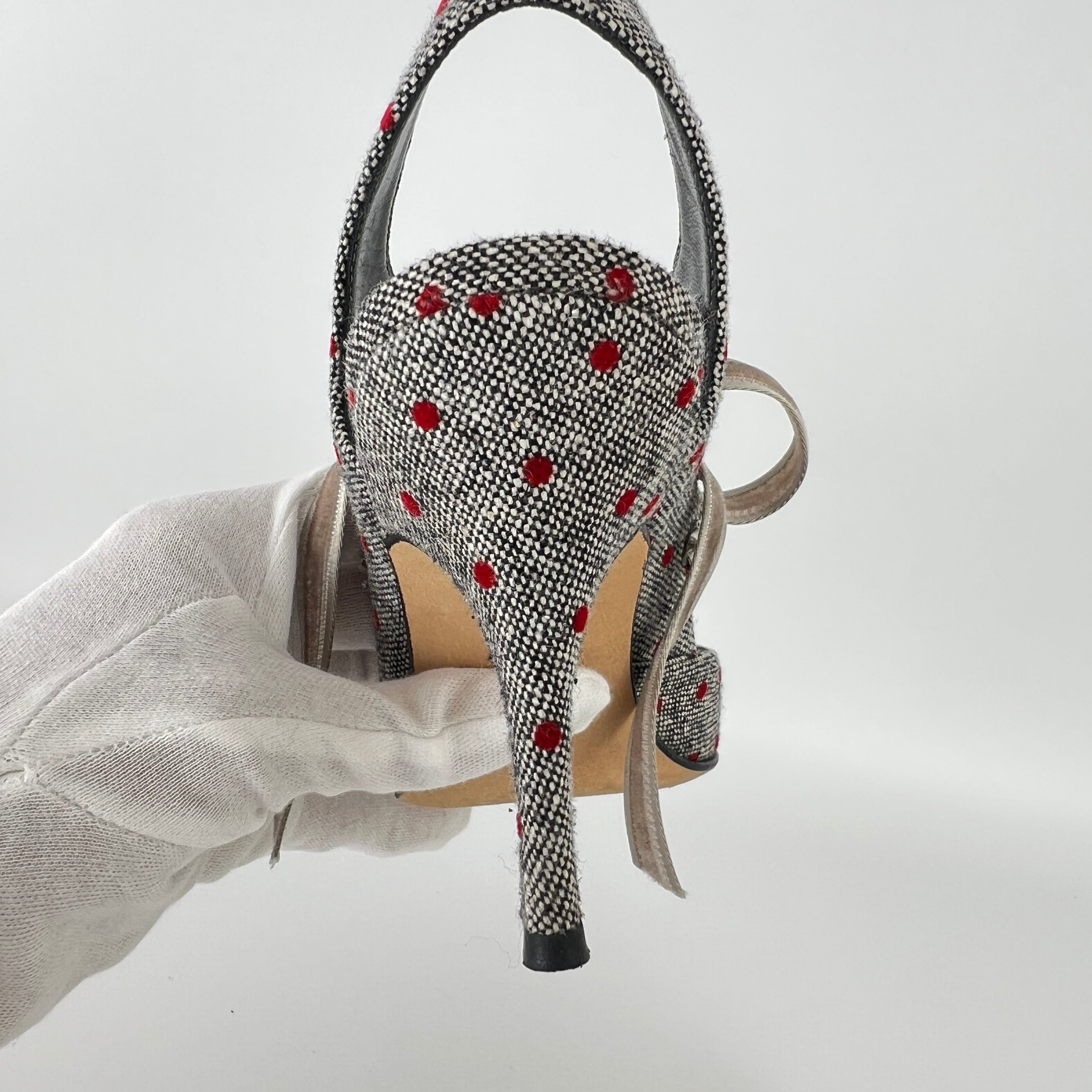 Manolo Blahnik | Gray Tweed Red Polka Dot Velvet Lace Up Slingback (36.5)
