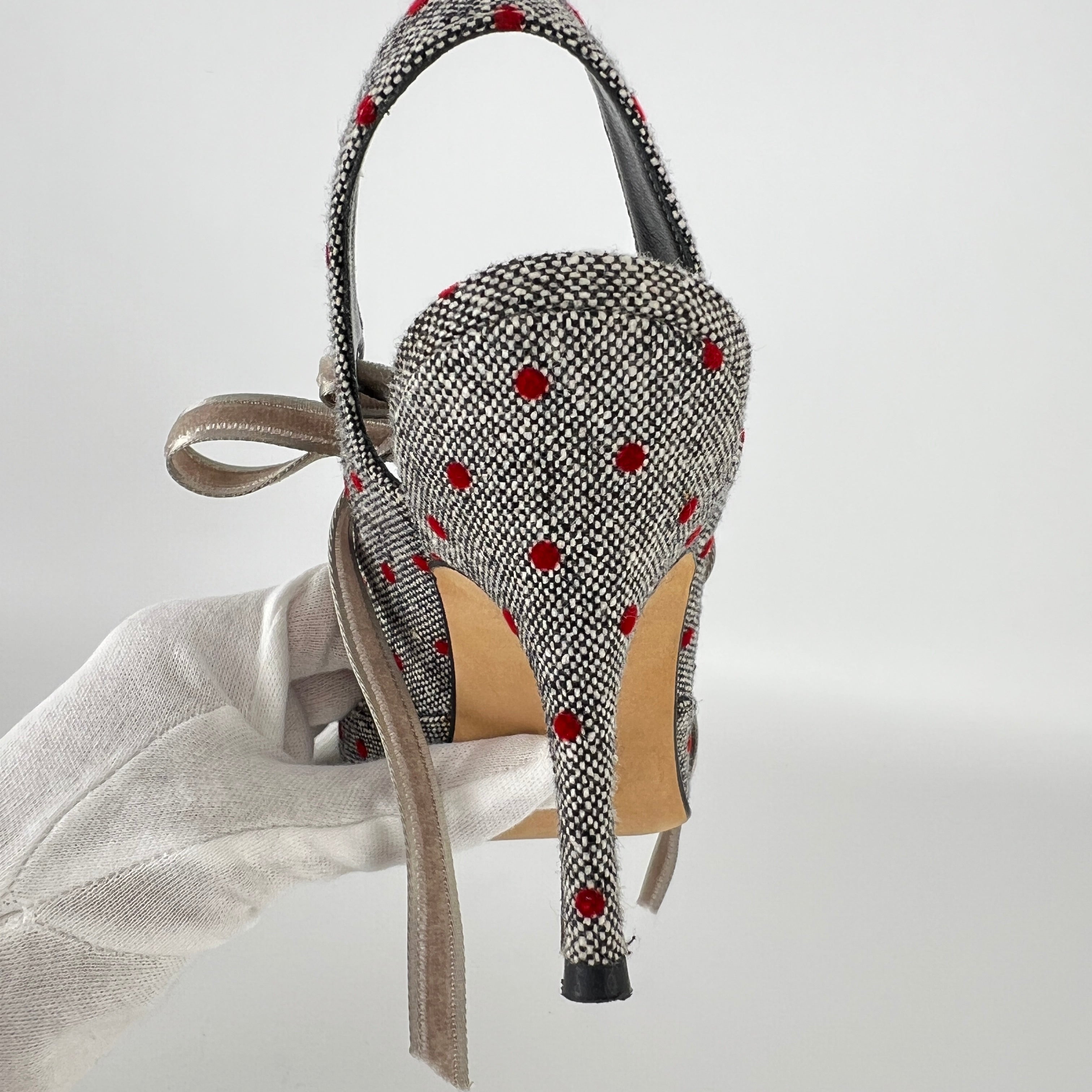 Manolo Blahnik | Gray Tweed Red Polka Dot Velvet Lace Up Slingback (36.5)
