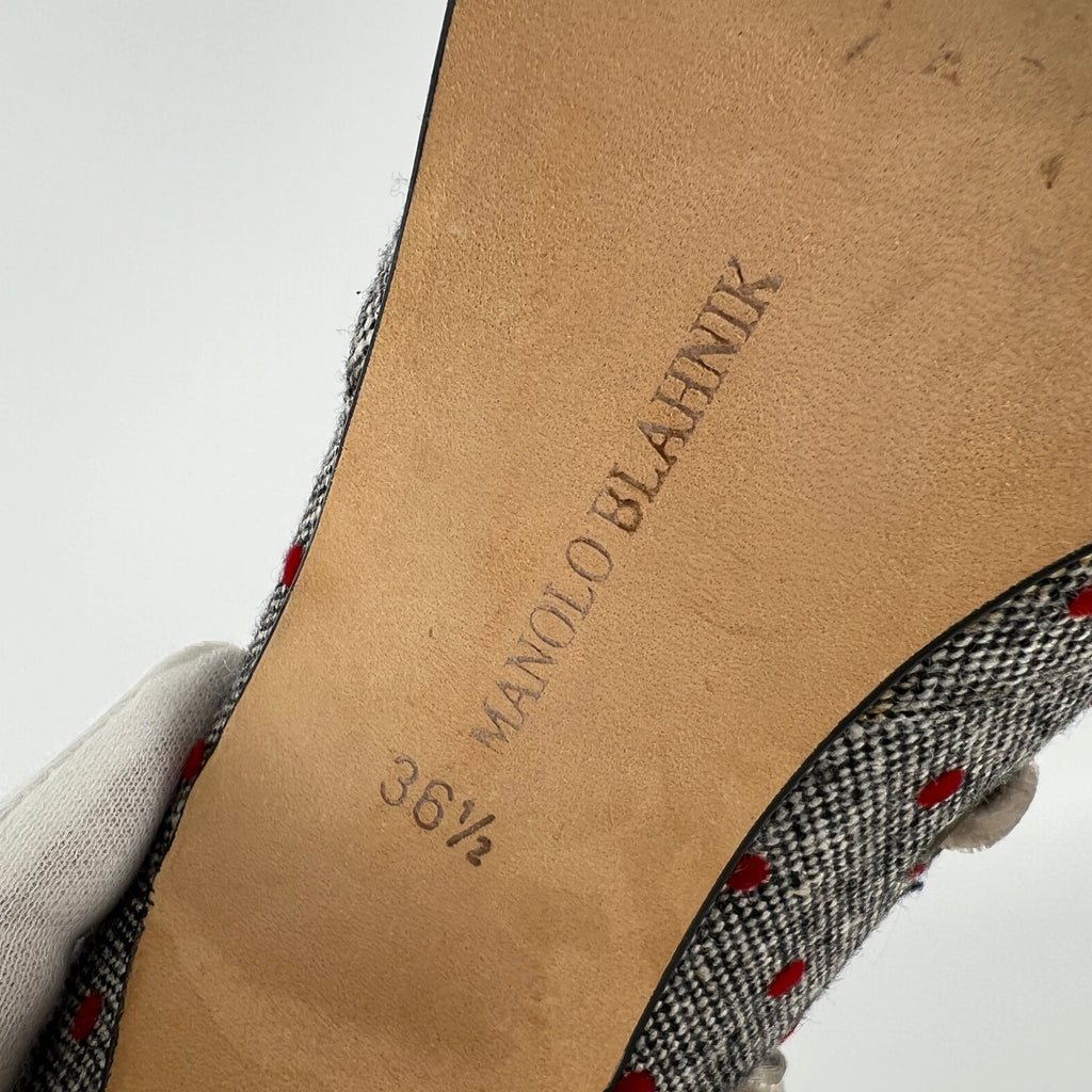 Manolo Blahnik | Gray Tweed Red Polka Dot Velvet Lace Up Slingback (36.5)