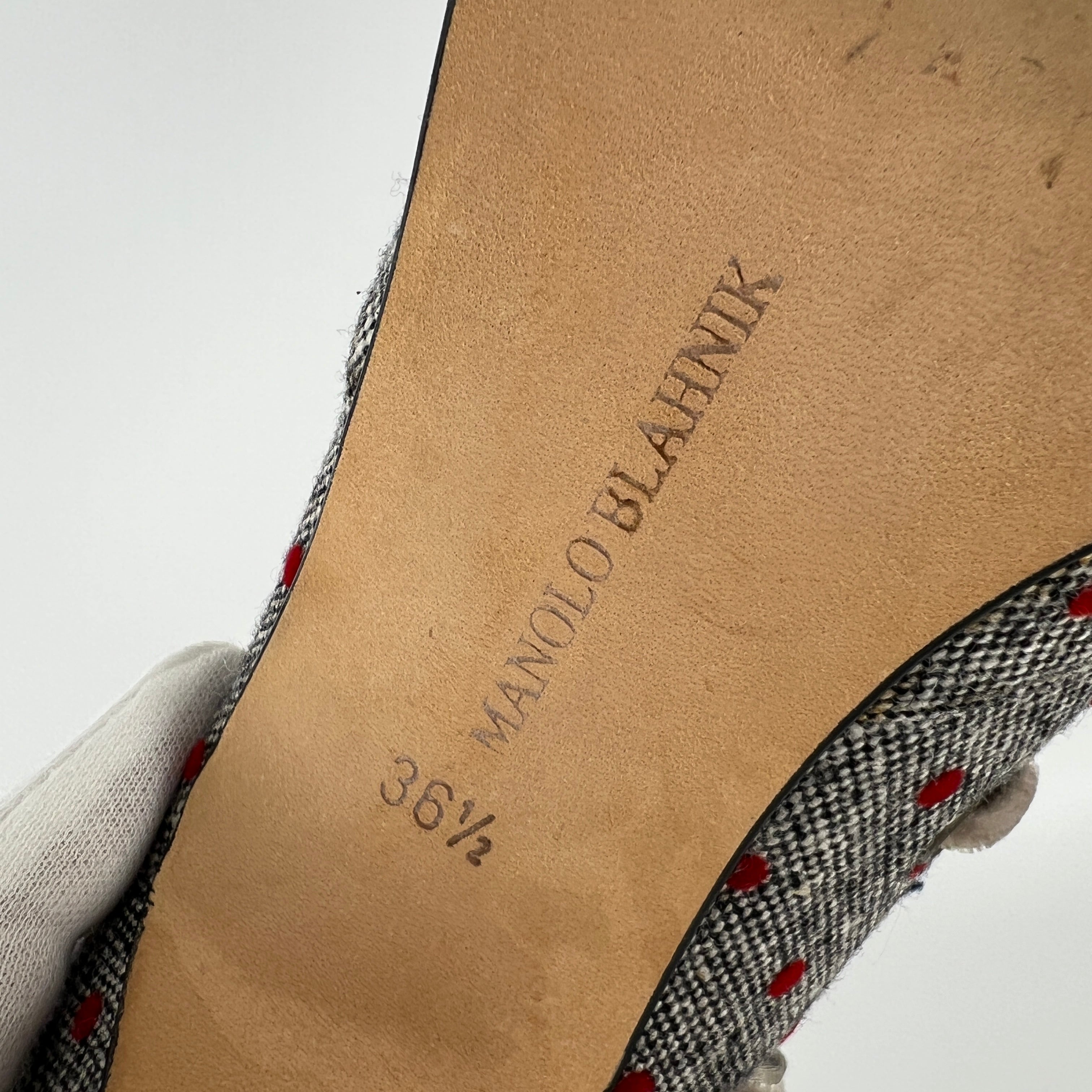 Manolo Blahnik | Gray Tweed Red Polka Dot Velvet Lace Up Slingback (36.5)