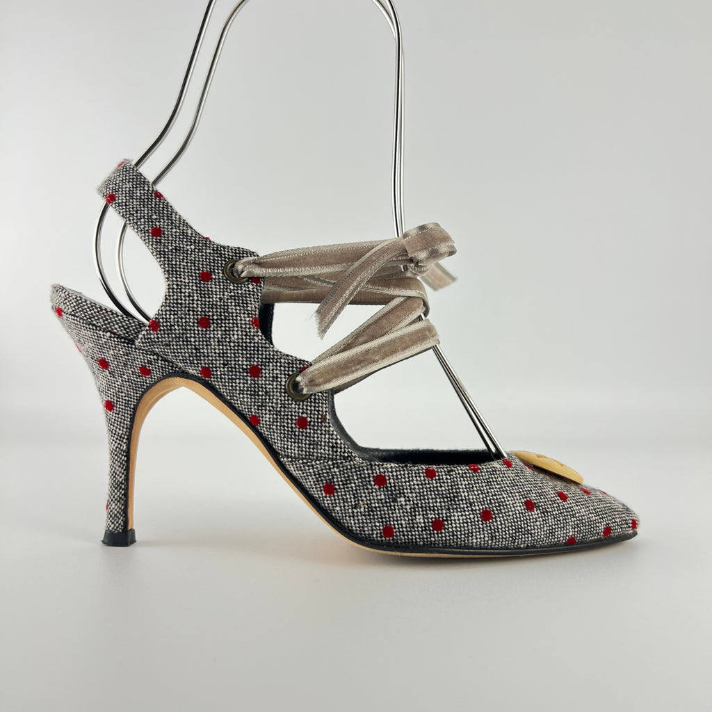 Manolo Blahnik | Gray Tweed Red Polka Dot Velvet Lace Up Slingback (36.5)