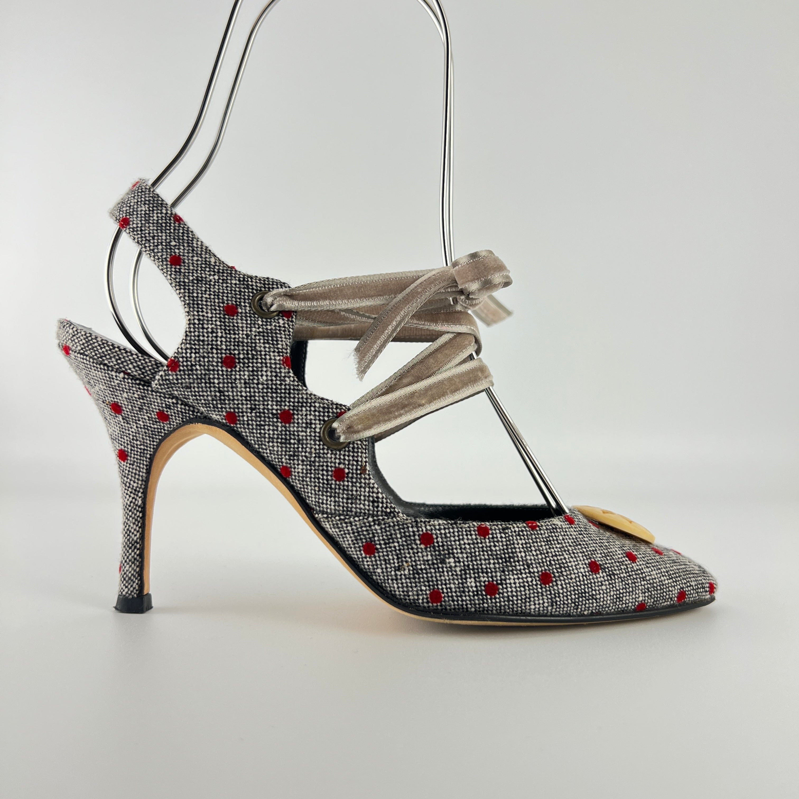 Manolo Blahnik | Gray Tweed Red Polka Dot Velvet Lace Up Slingback (36.5)