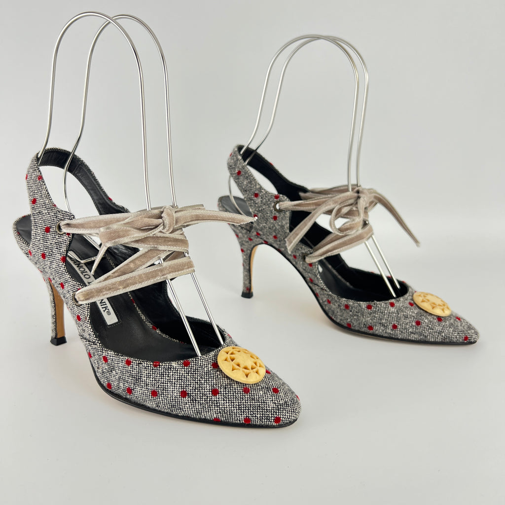 Manolo Blahnik | Gray Tweed Red Polka Dot Velvet Lace Up Slingback (36.5)