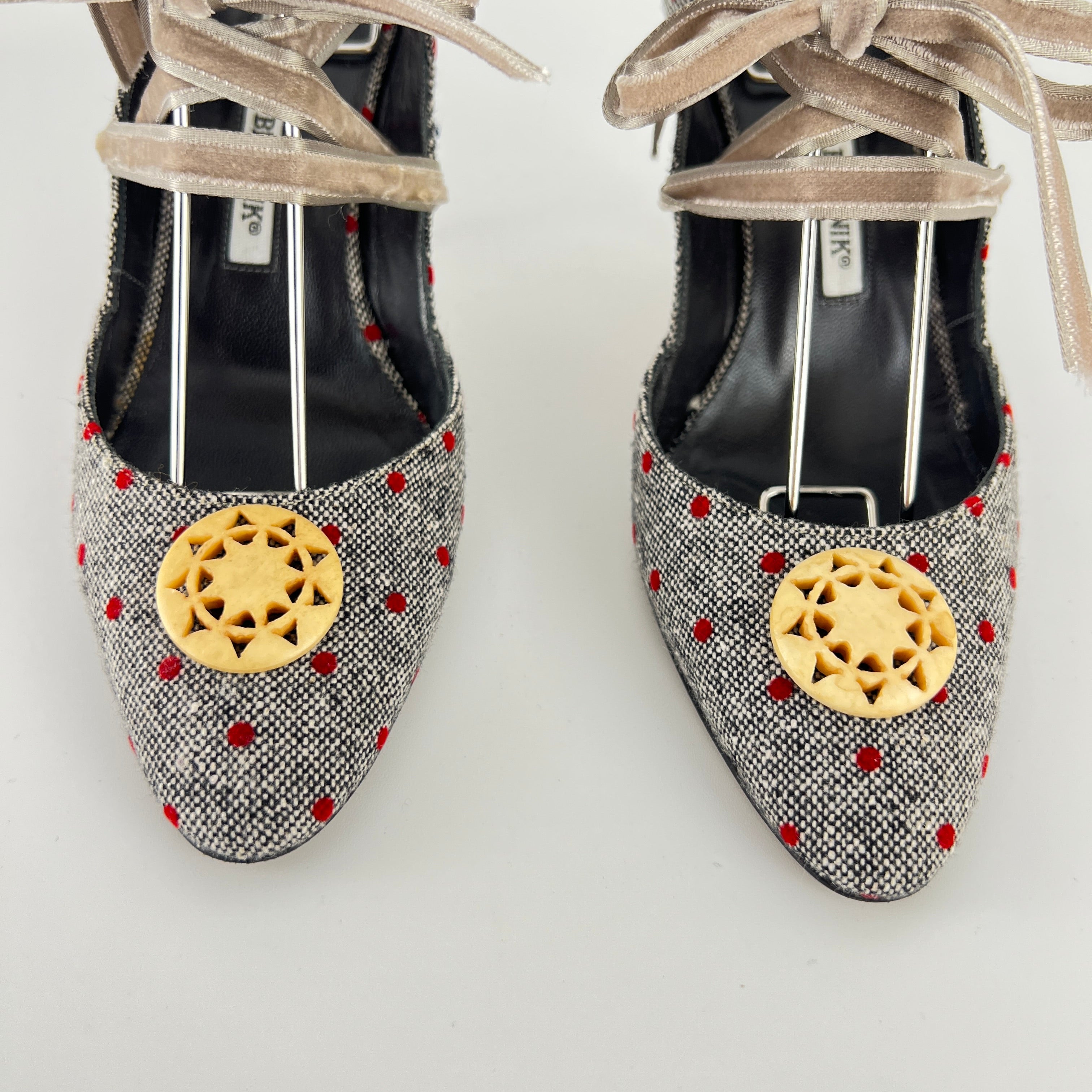 Manolo Blahnik | Gray Tweed Red Polka Dot Velvet Lace Up Slingback (36.5)