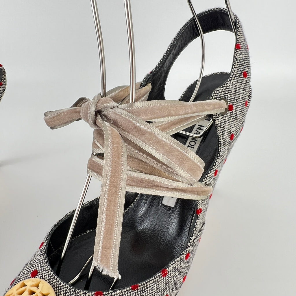 Manolo Blahnik | Gray Tweed Red Polka Dot Velvet Lace Up Slingback (36.5)